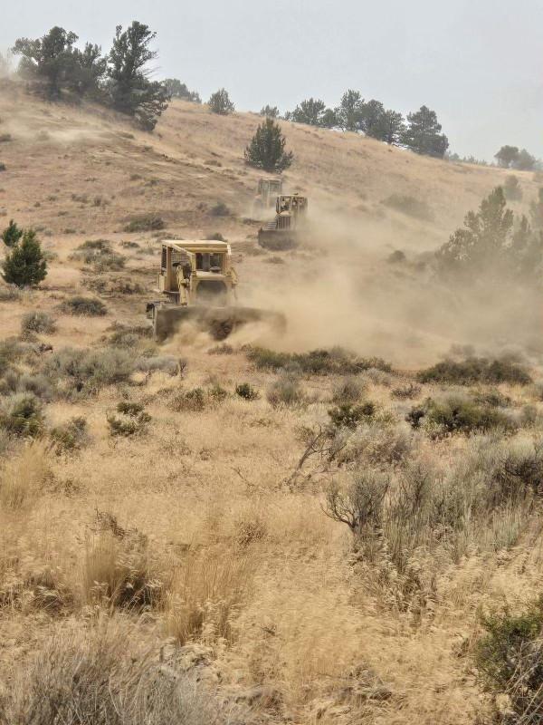 Three dozers clearing brush up a hill