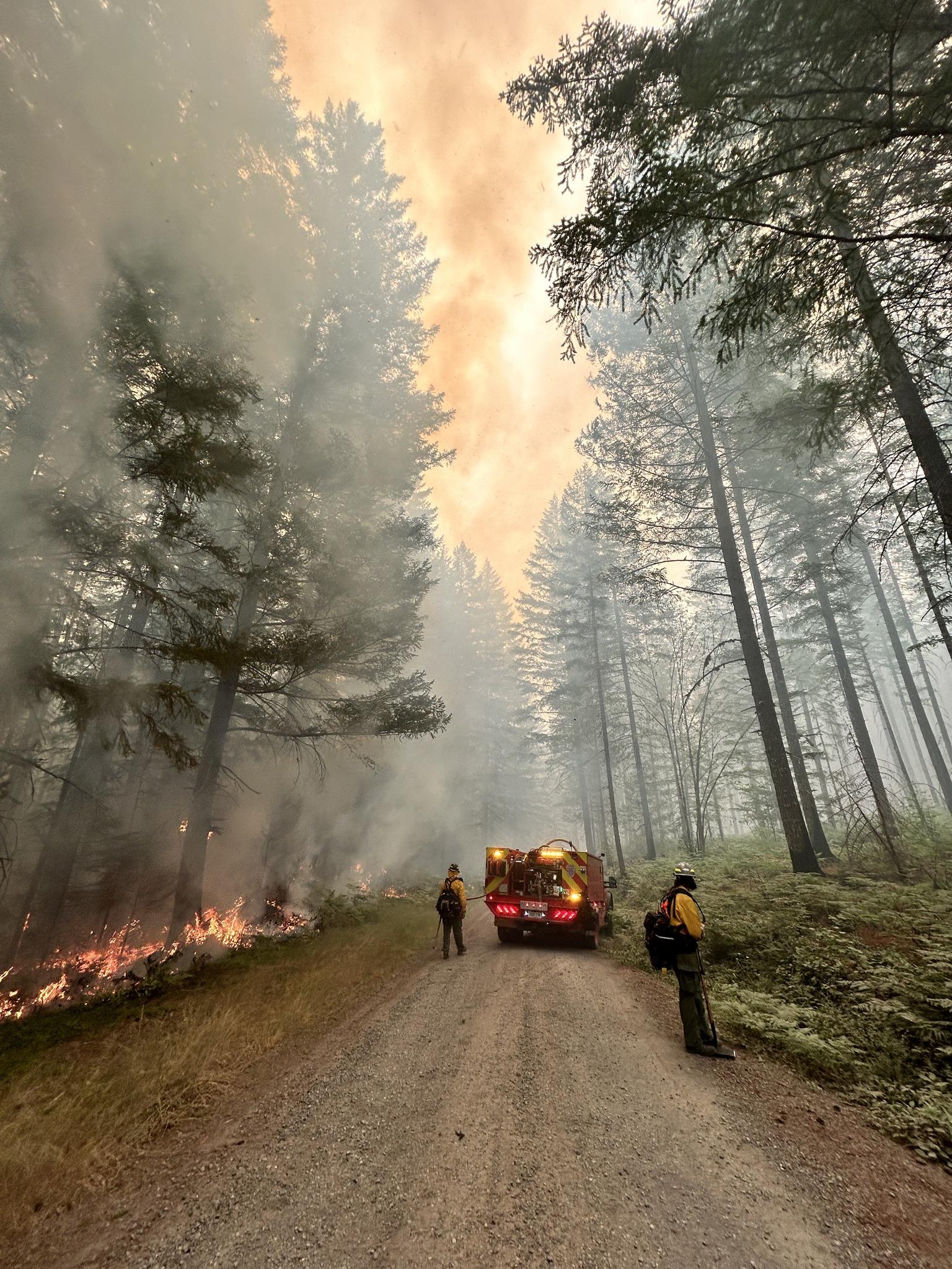 2 firefighters on a road look into the woods during a firing operation of chalk fire 7/28