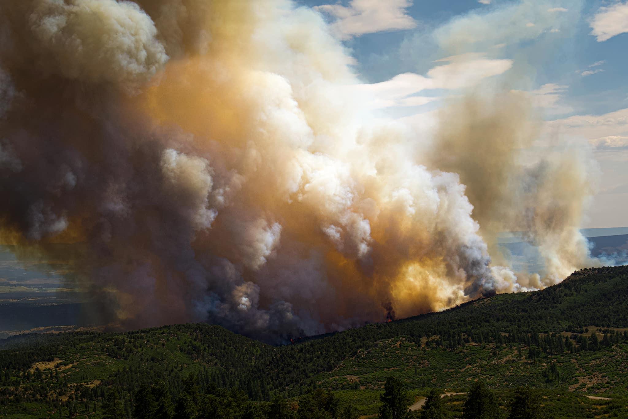 A black column of thick smoke rises from behind a ridge covered with green pinion juniper trees