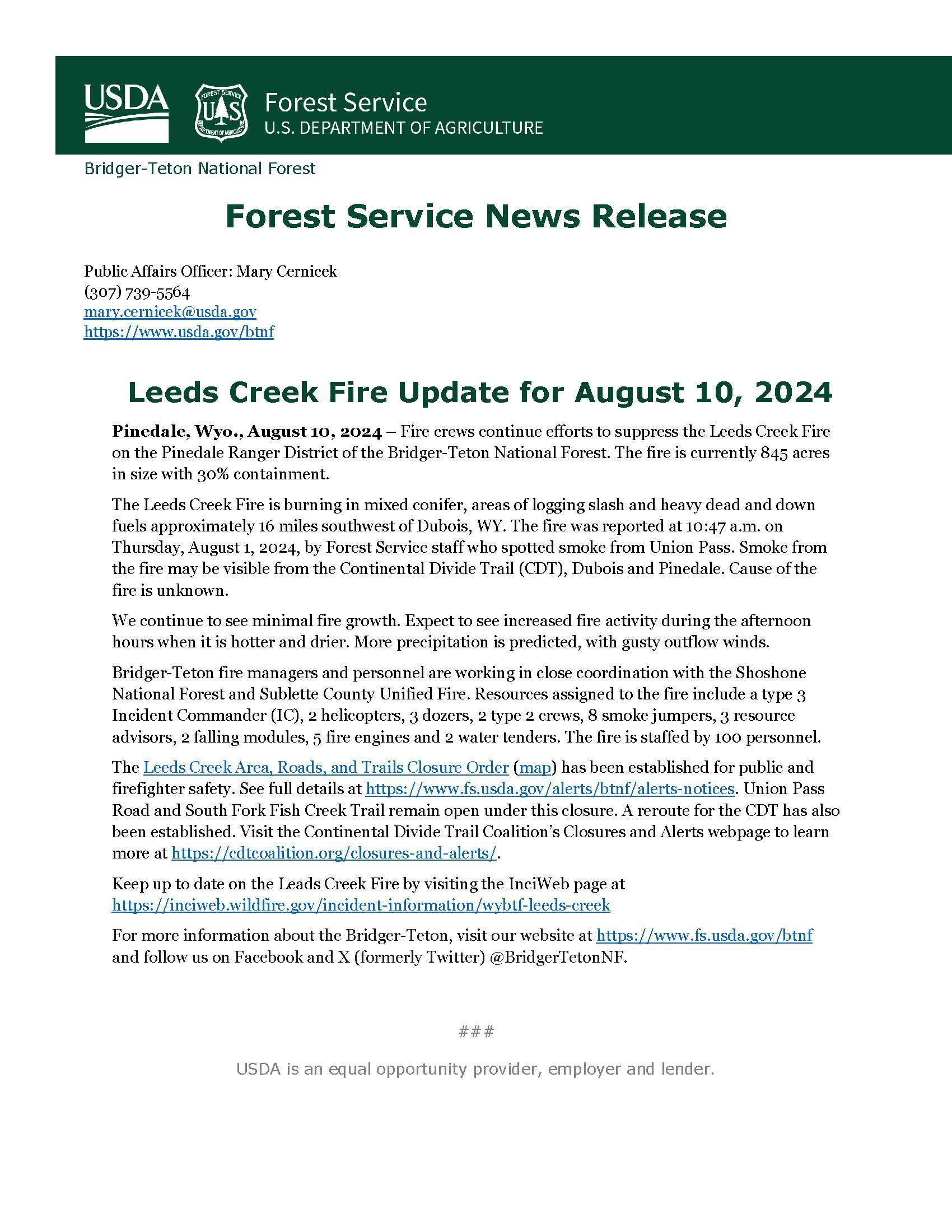 Leeds Creek Fire Updated News Release for August 8, 2024