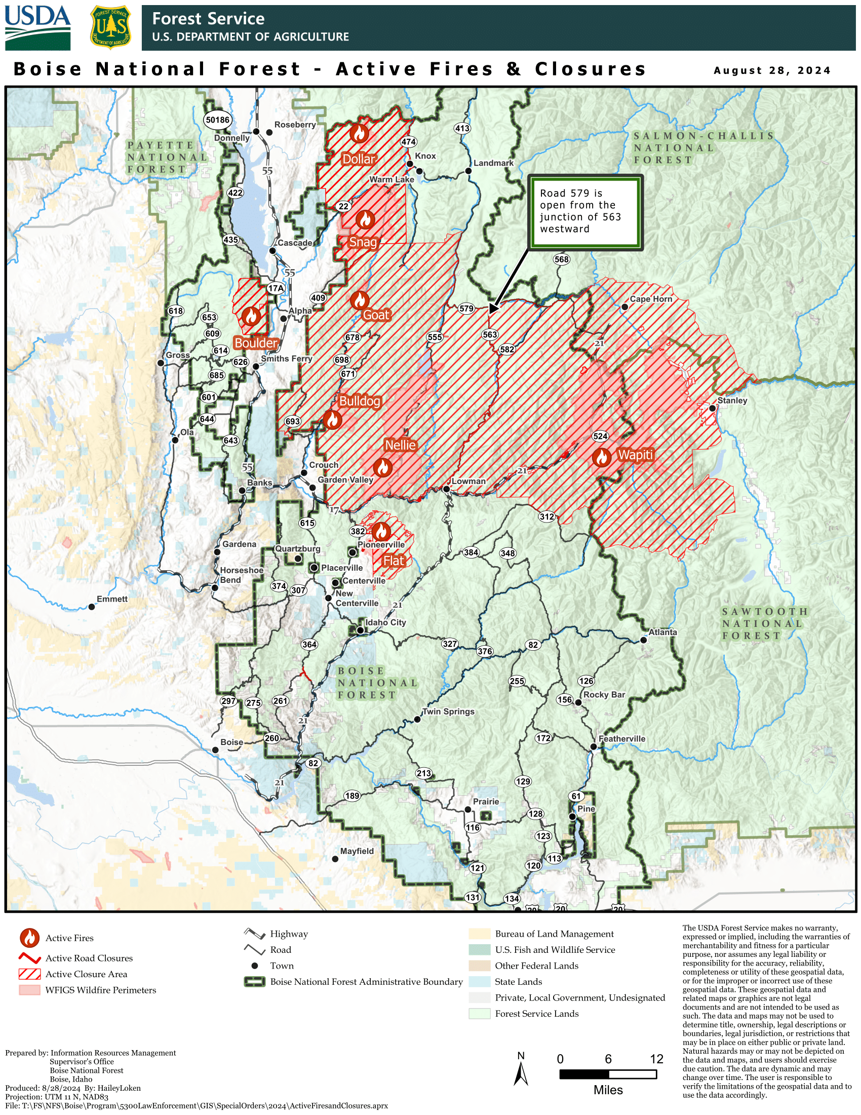 A map showing the active Forest Closure's in the Boise National Forest as of 08-28-2024