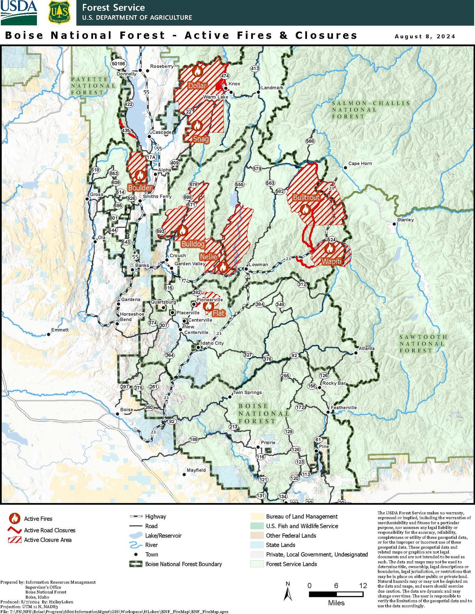 Map of fires on the Boise National Forest