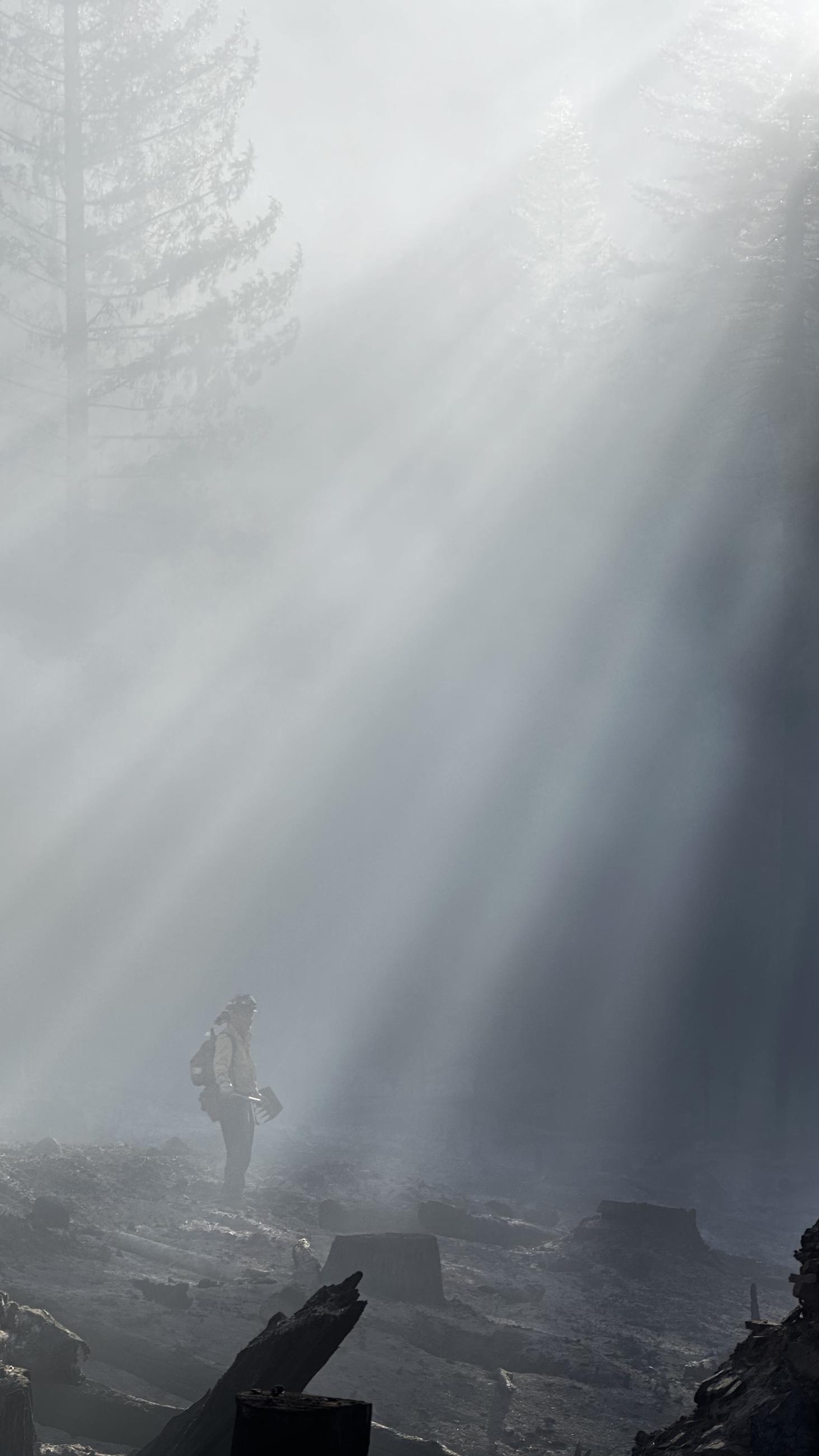 a firefighter stands in very smokey conditions as sunlight mixes with smoke