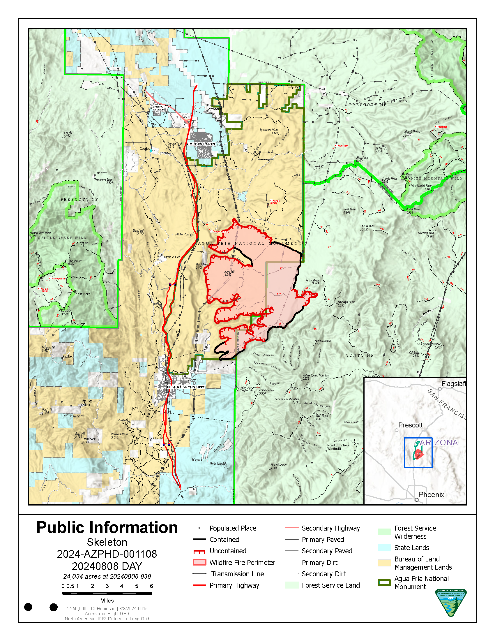 Map showing the location of the Skeleton Fire. The Agua Fria National Monument is marked in yellow east of I-17. The Tonto National Forest is marked in green and is east of the Agua Fria National Monument. The fire location is marked in red in the southeast part of the national monument and the western part of the Tonto National Forest. Parts of the fire in the south and east are marked in black to indicate containment.