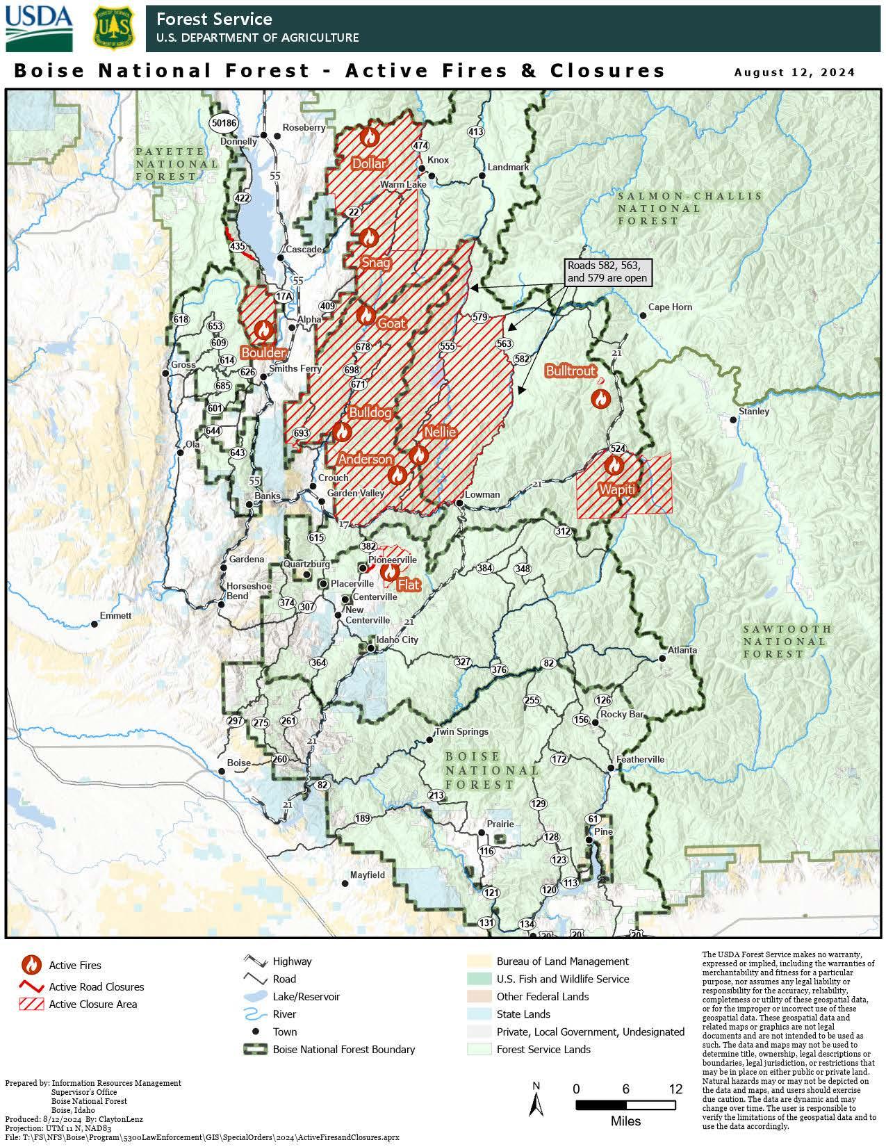 Map displays all of the fires and closures on the Boise National Forest.