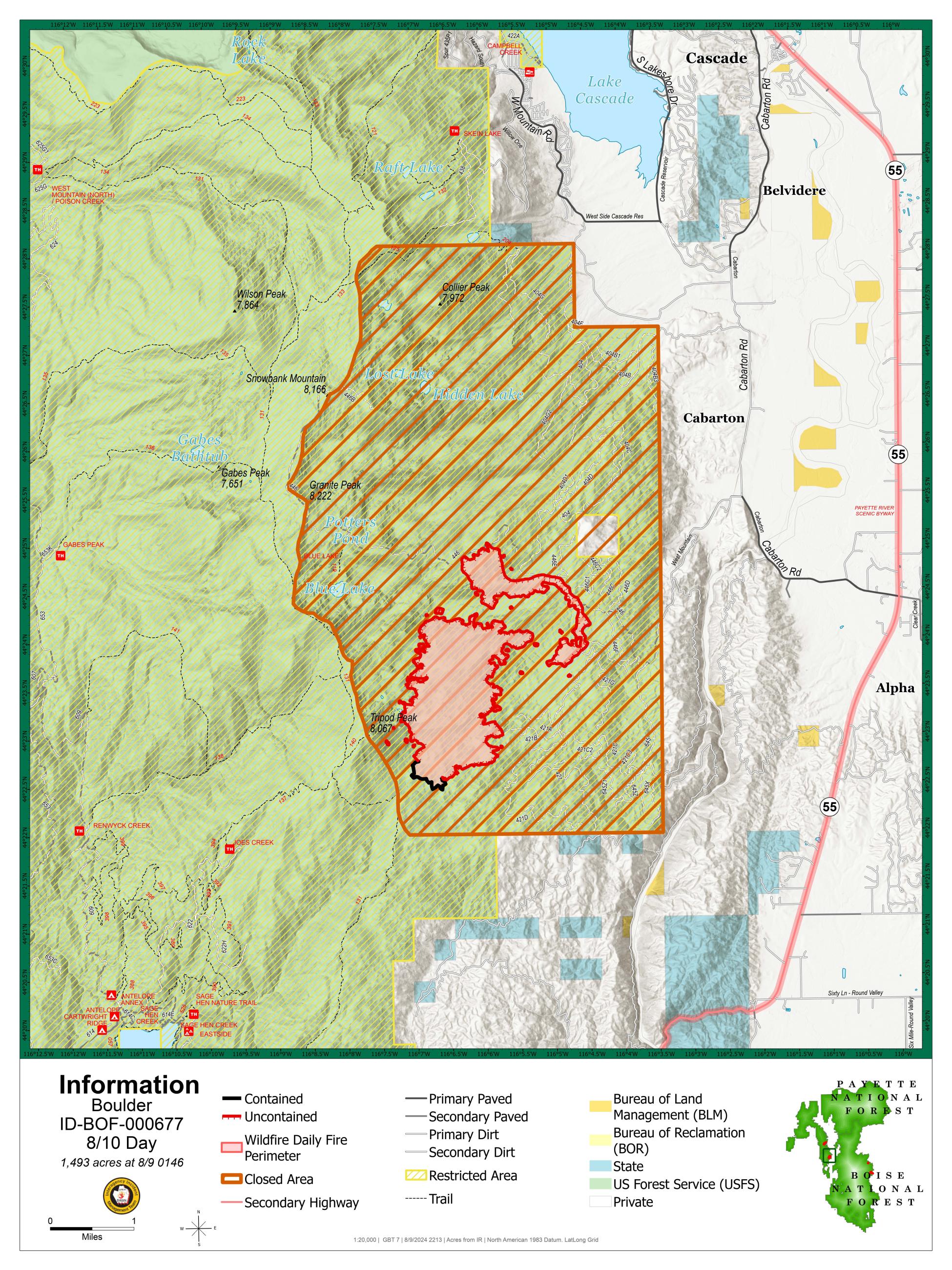 Map displays the location and extent of the Boulder Fire, updated 08-10-24