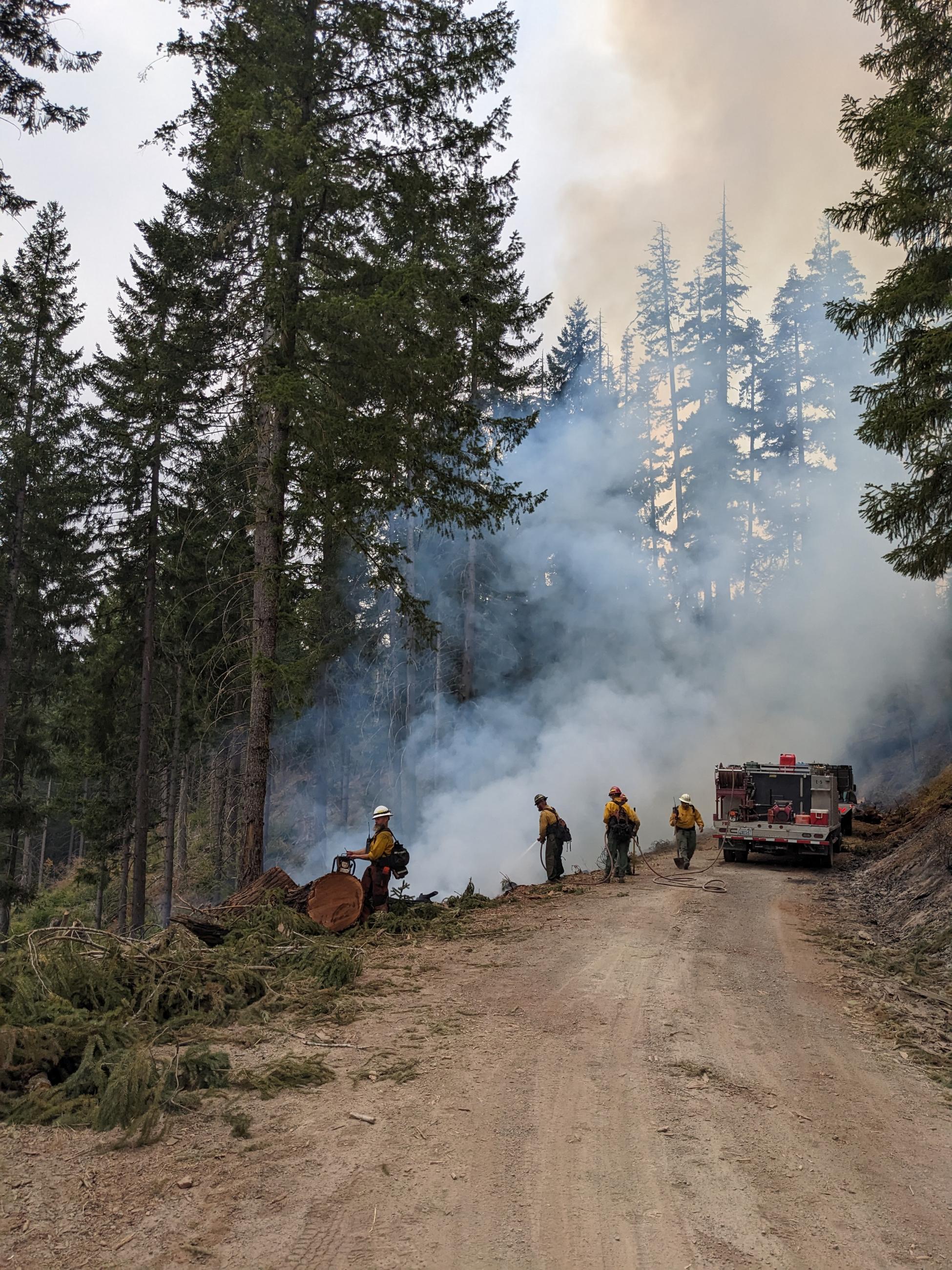 firefighters work a smoke with an engine