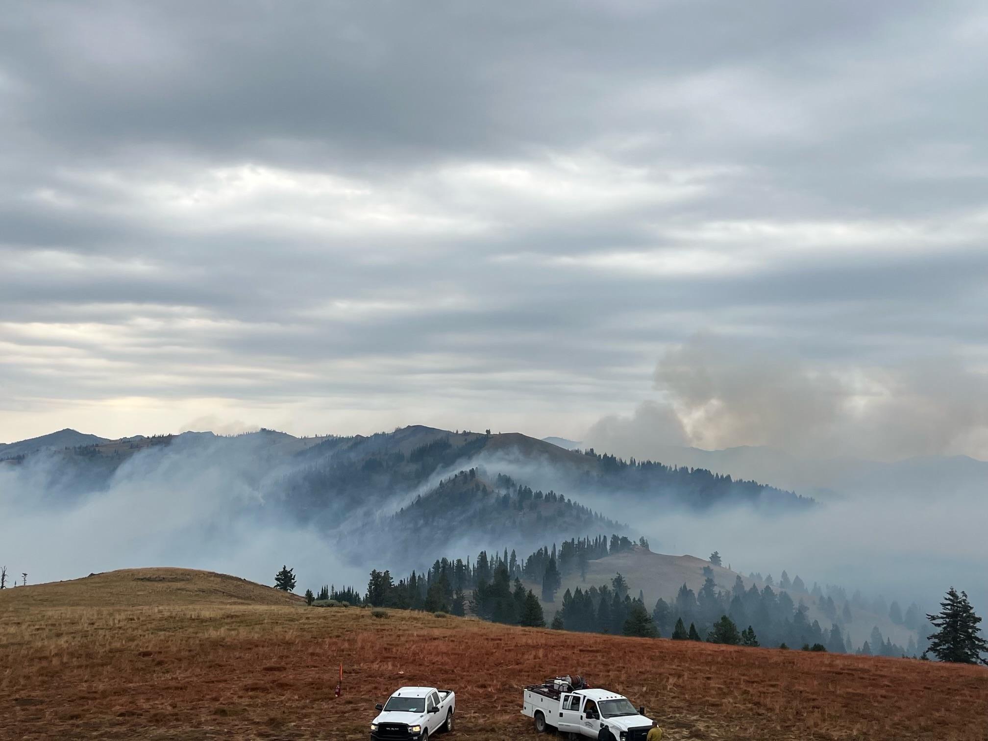 View overlooking ridgeline with smoke from Limepoint Fire