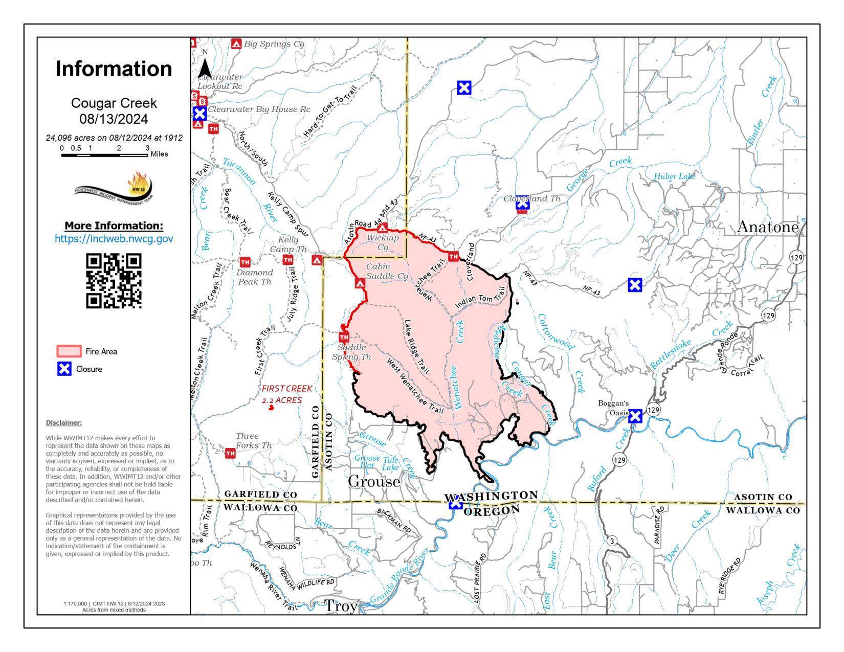 Map Cougar Creek Fire Aug. 13, 2024