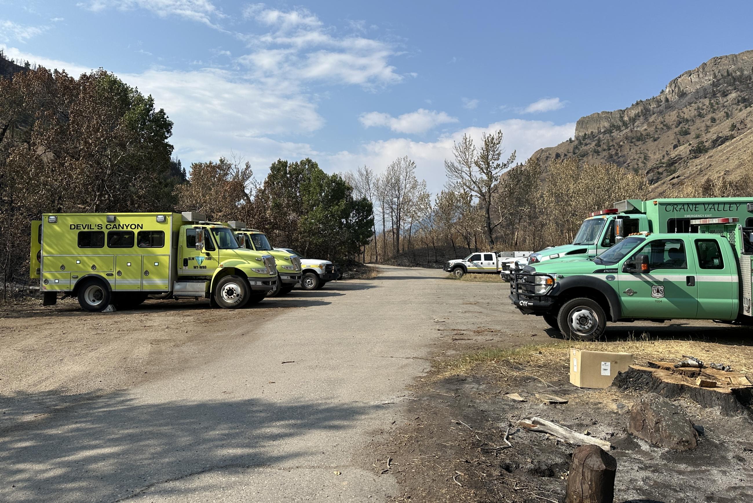 A group of fire trucks sit in a row at at campground parking area