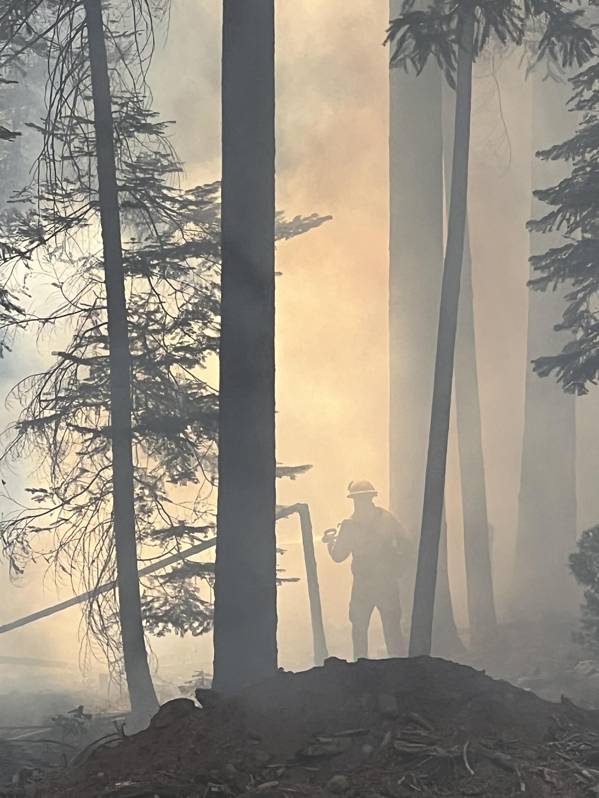 a firefighters works in the very smoky conditions in the forest