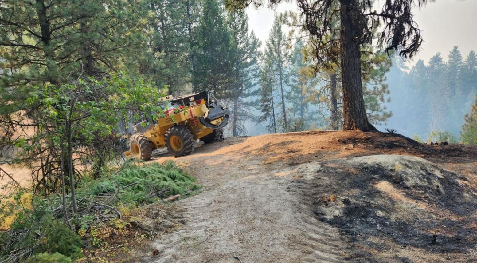 unburned fuels on left side, skidgen on dozer line in middle, and burned fuels on right side of photo