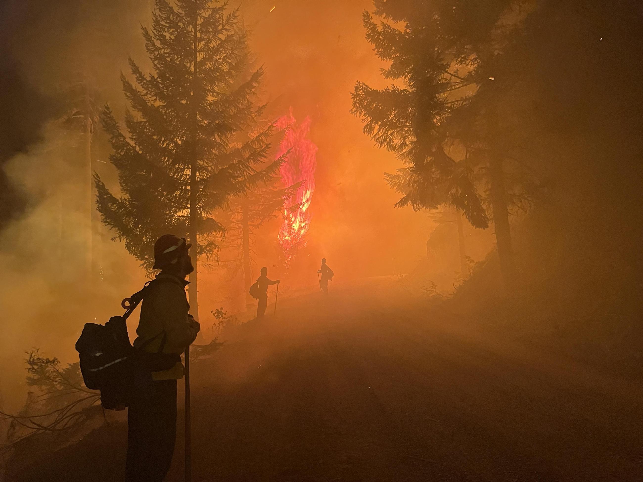 Firefighters watch for spot fires during planned burning operations.