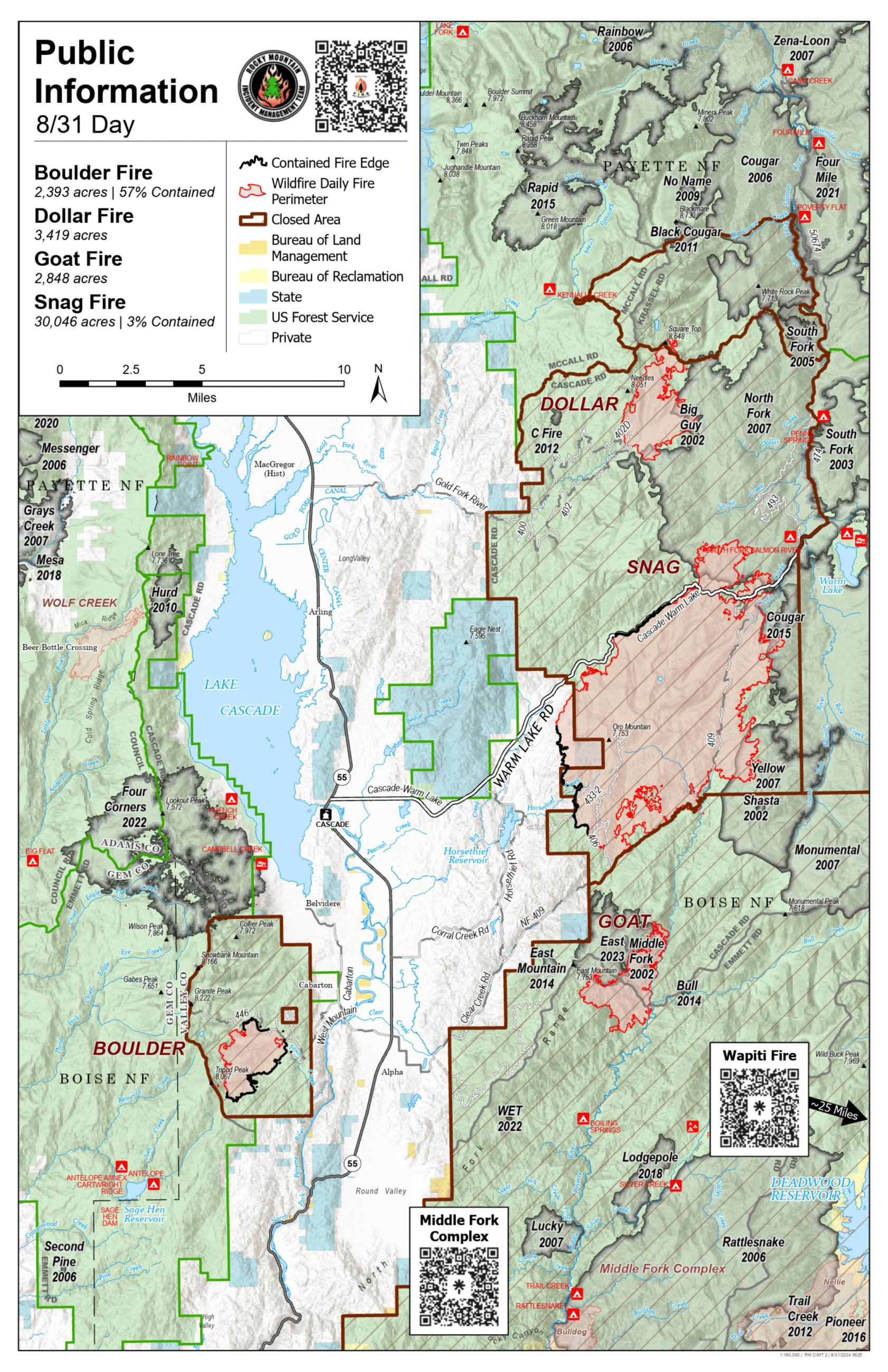 Daily Map of the Boulder, Snag, Goat, and Dollar fire areas.