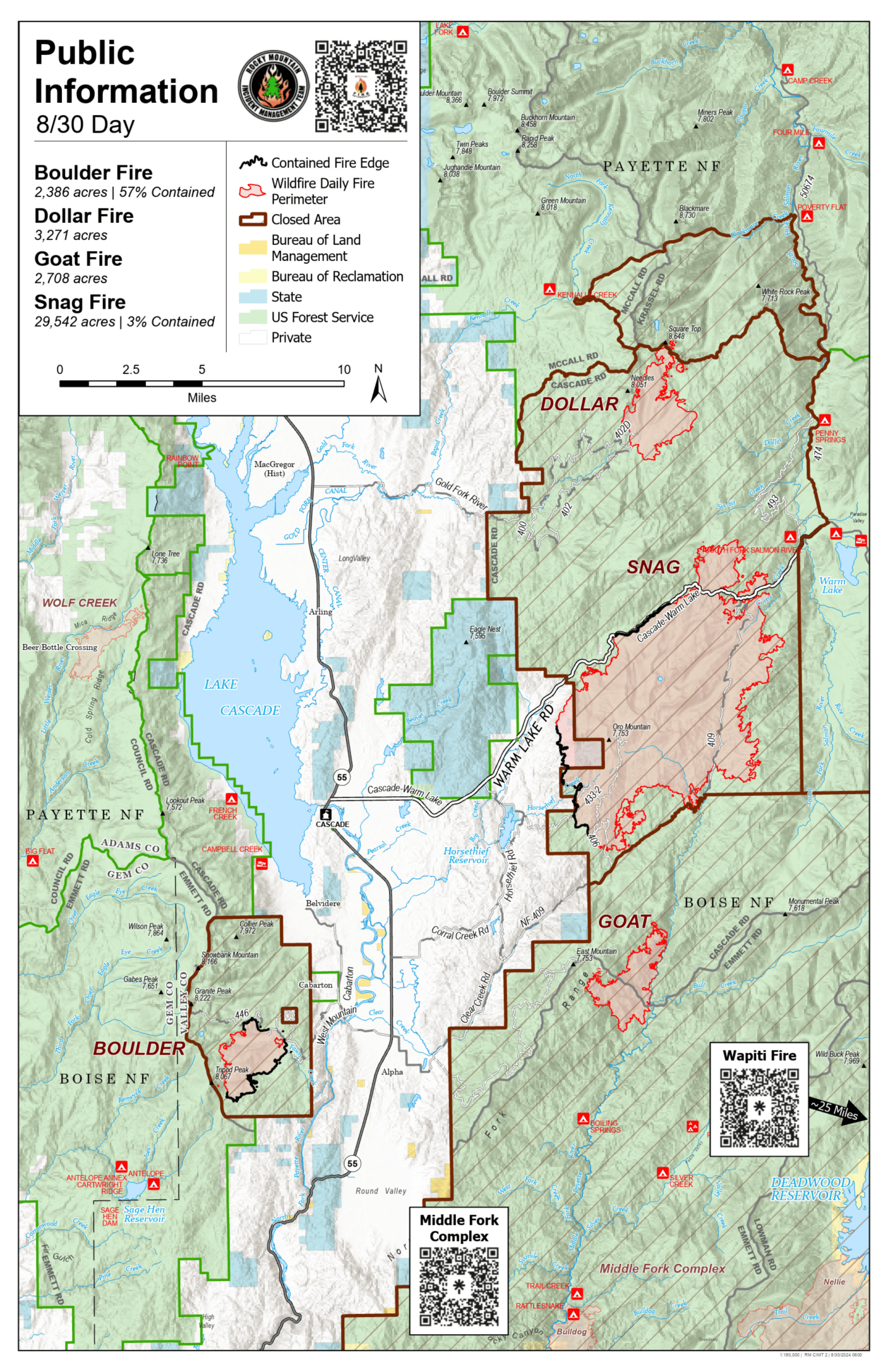 Daily Map showing the Boulder, Goat, Snag and Dollar fires.