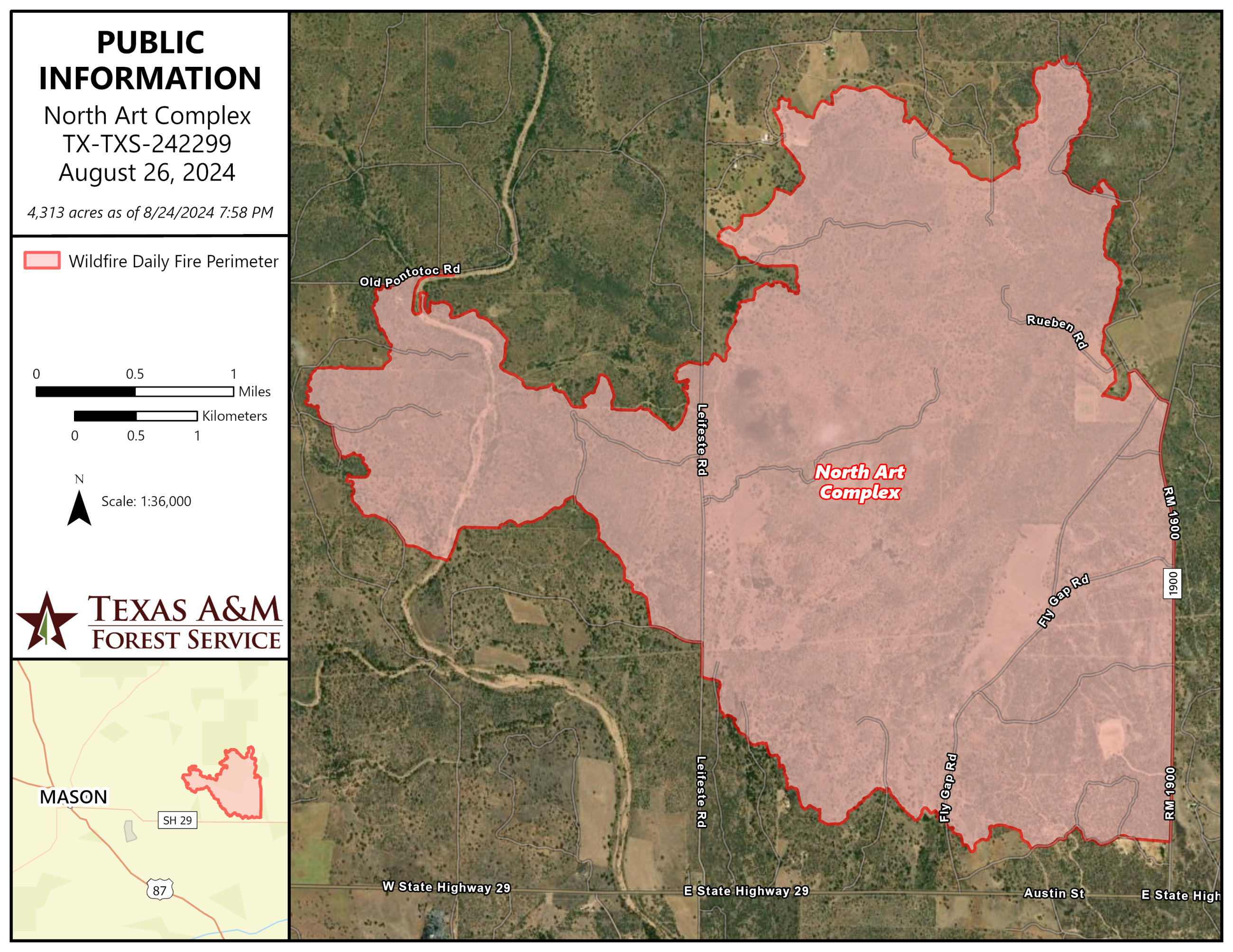 Public Information Map of the North Art Complex Fire is a satellite image map of the fire perimeter highlighted in opaque red overlaid upon of the satellite image. Informational panels are on the left-hand side of the image which include the name of the fire, arcerage, map scale, north directional compass, and a small reference map to show the location of the fire in relation to Mason, TX.