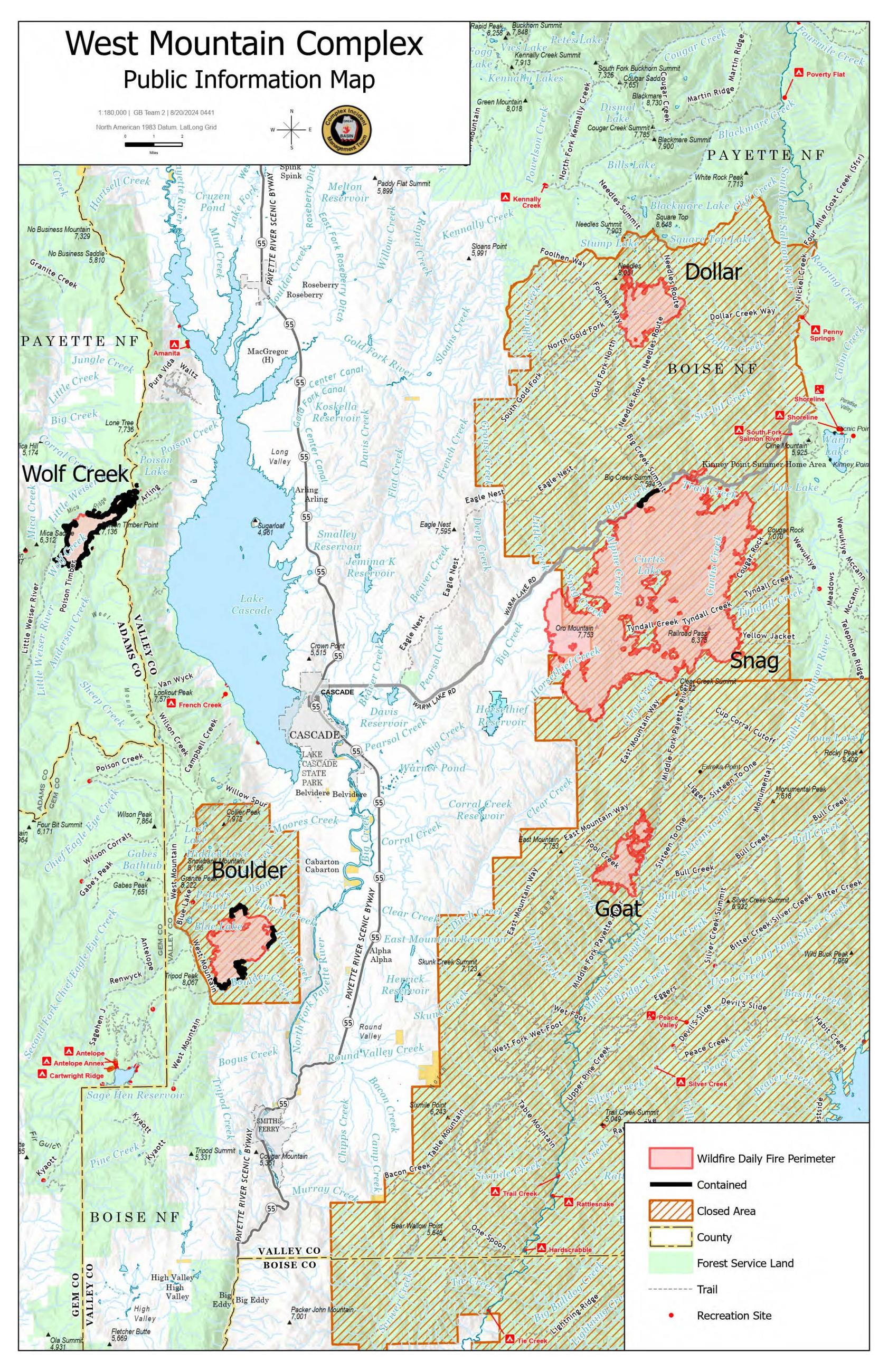 This map displays the locations and extents of all fires on the Wolf Creek Complex.