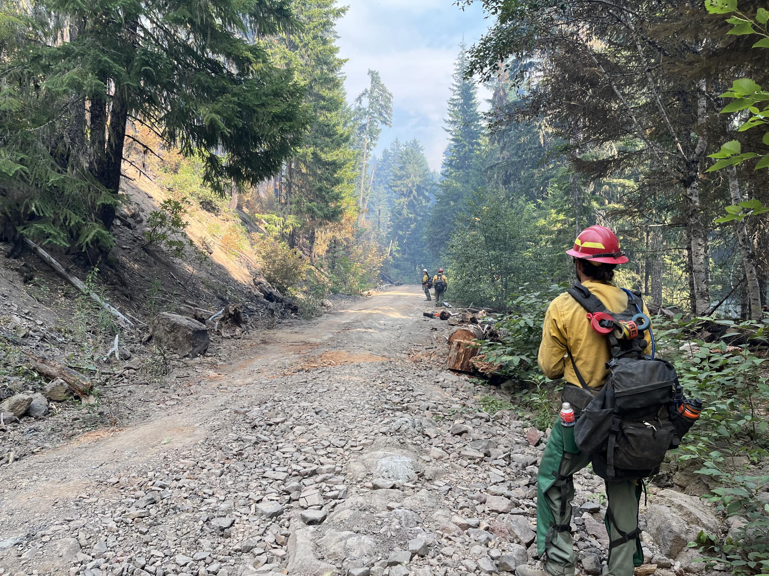 A firefighter wearing chaps and a large backpack is on a long dirt road with smoke in the forest