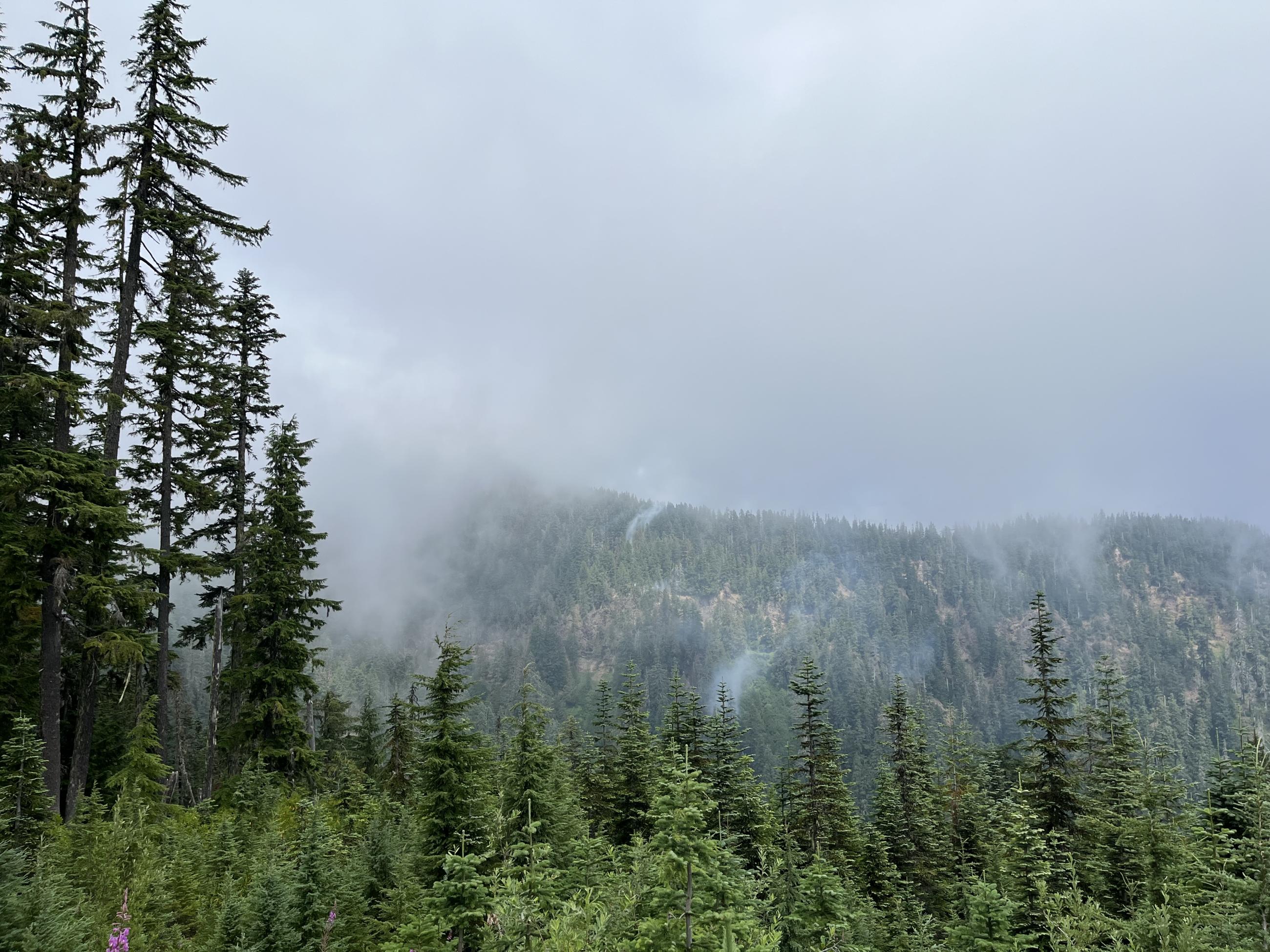 Smoke fills the sky with a ridgetop in the background