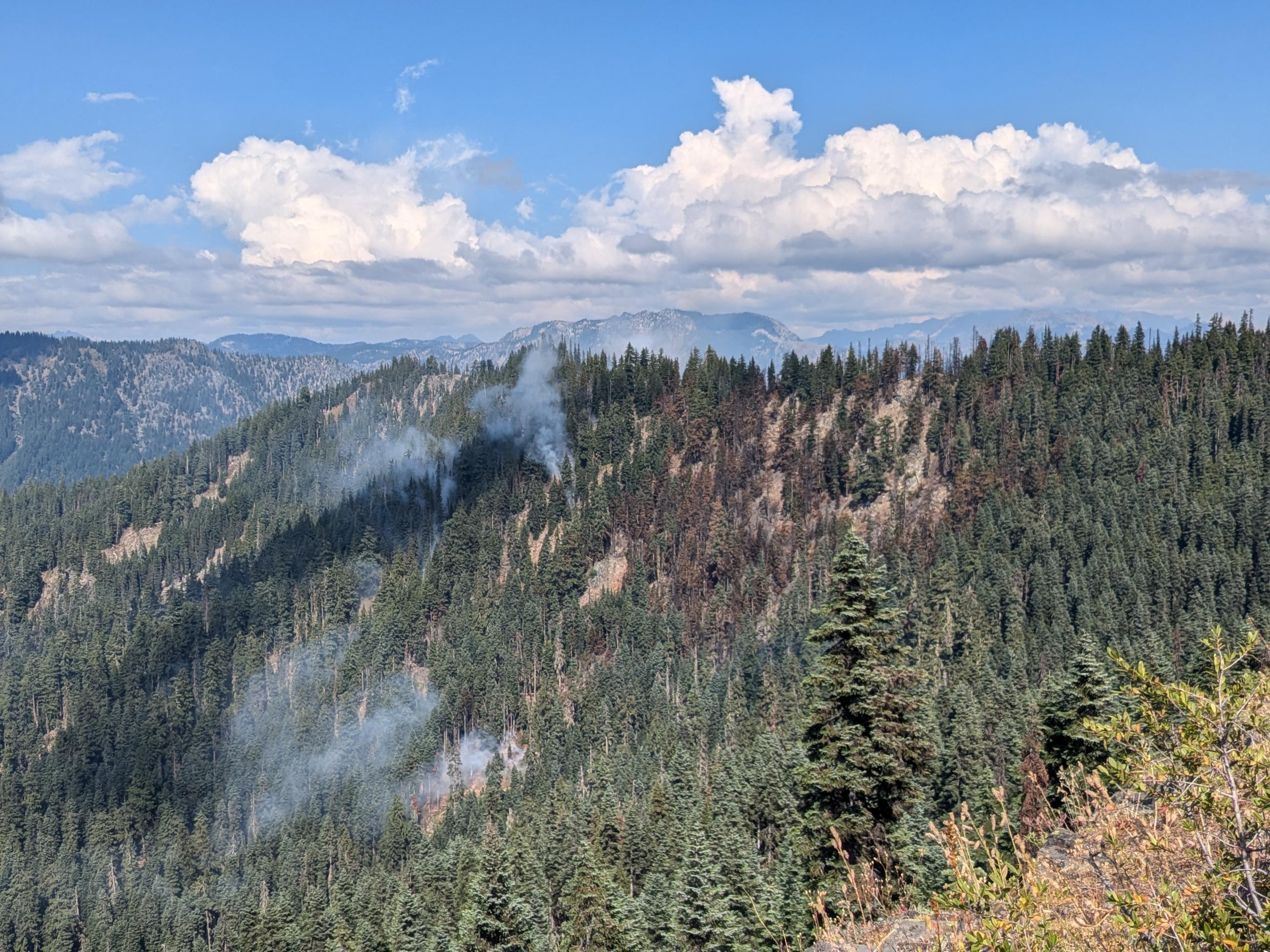 View from on top of a mountain ridge looking at another ridge with some burned trees and smokes rising. More mountains in the background