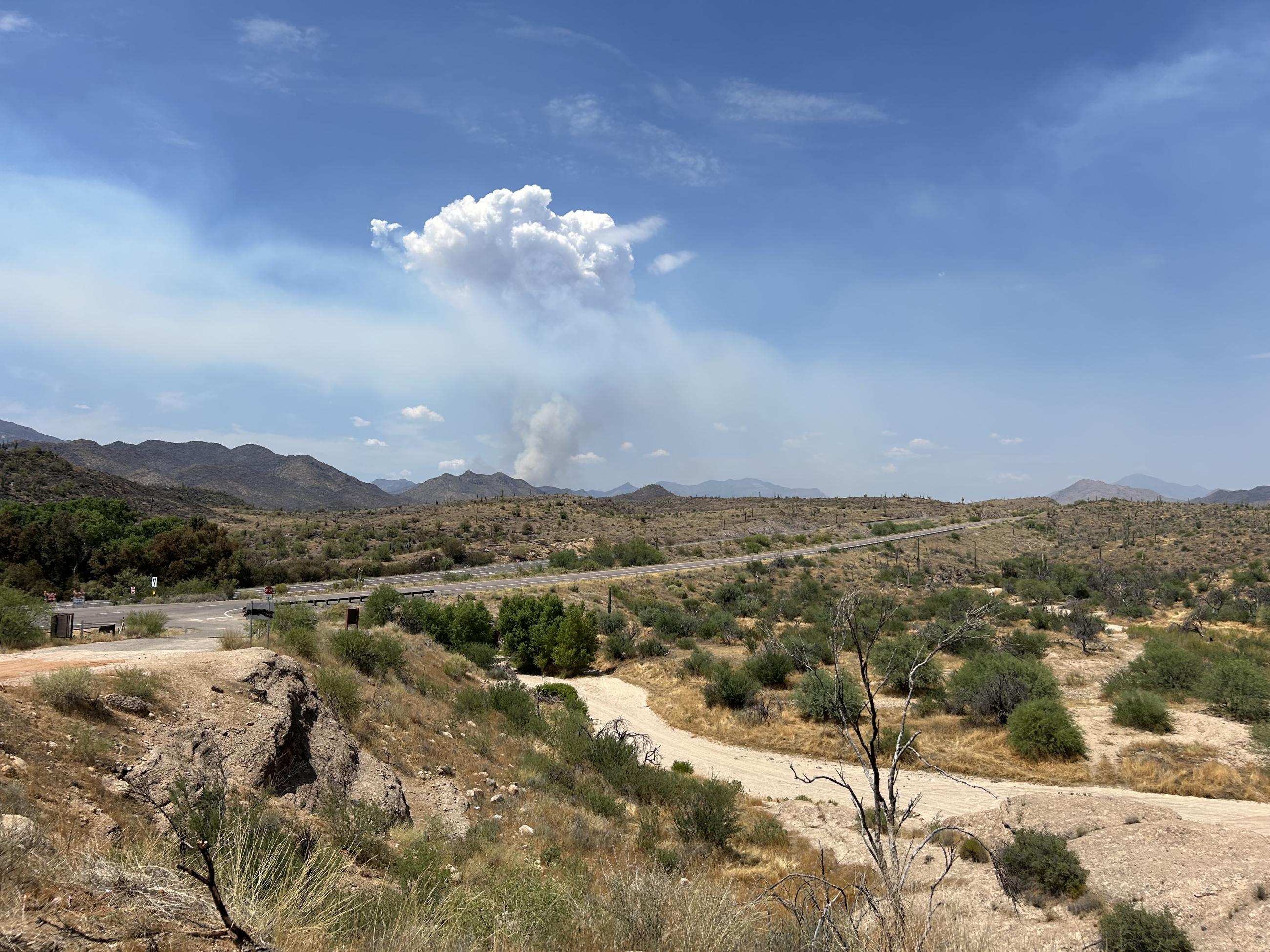 Forest Road 1860 with smoke from Sand Stone Fire
