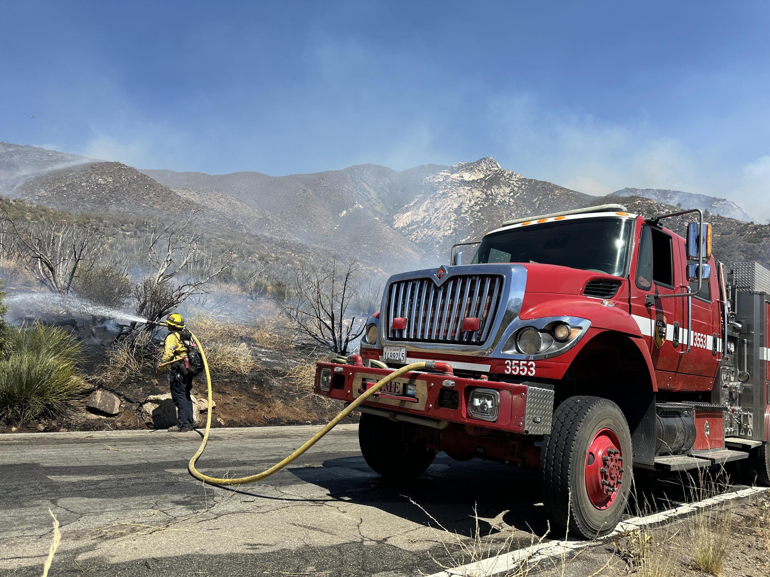 A person is holding a yellow hose spraying water onto a burned hillside next to a red firetruck