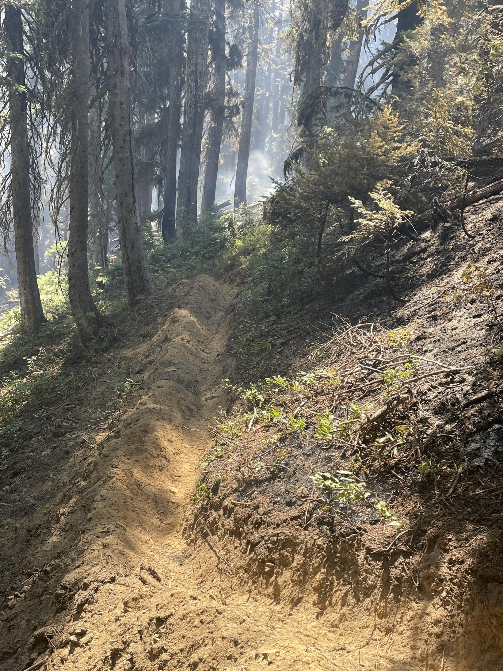 A trench dug into the hillside with a berm on the outside edge to help catch burning material from rolling downhill