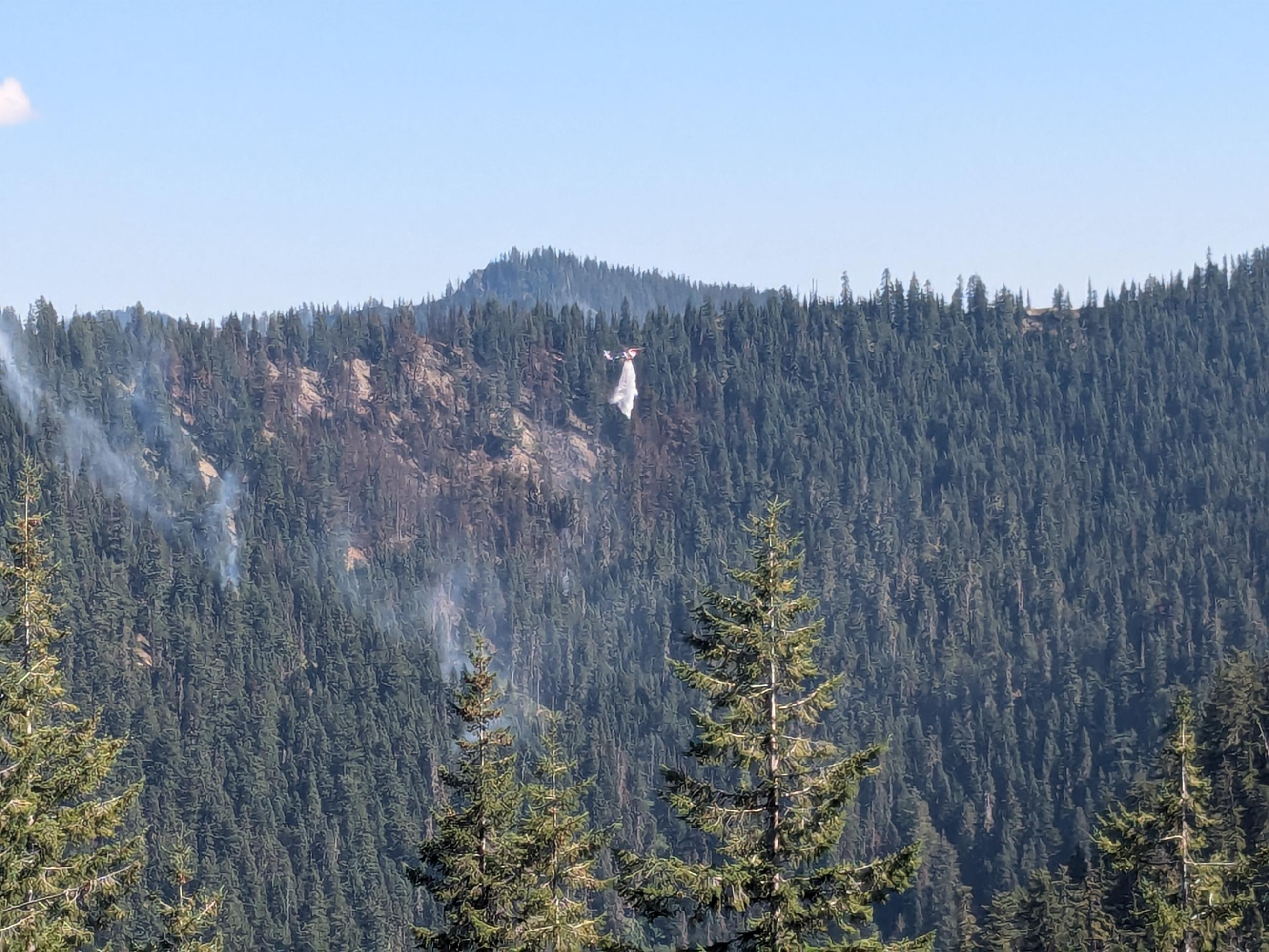 Helicopter drops water over above burned tree tops