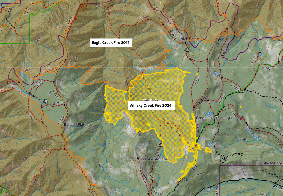 a map showing the footprint of the Whisky Fire being effectively halted by the old Eagle Creek burn area