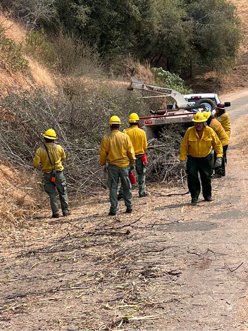 Wildfire hand crews performing road clearing operations on Mineral King Road August 23,2024