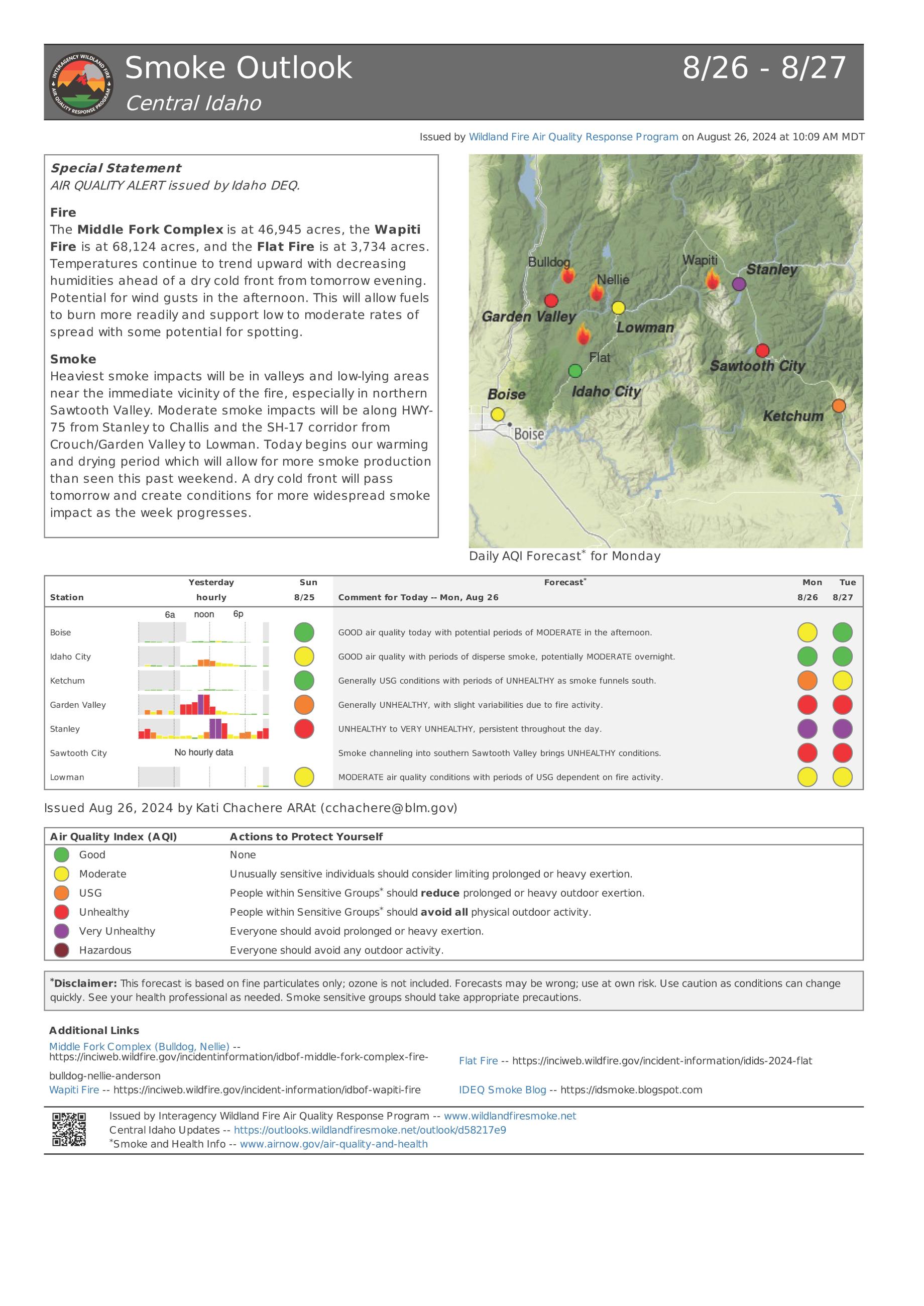 Smoke Outlook for Middle Fork Complex Fire, Monday, August 26, 2024