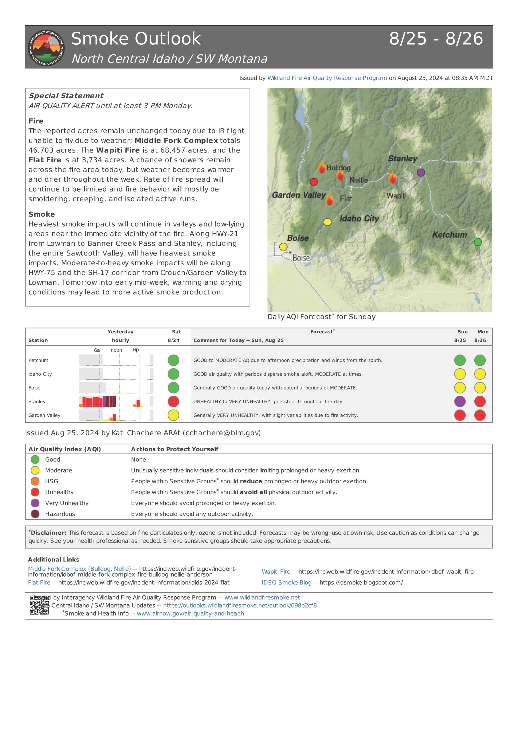 Smoke Outlook for Middle Fork Complex Fire, Sunday, August 25, 2024