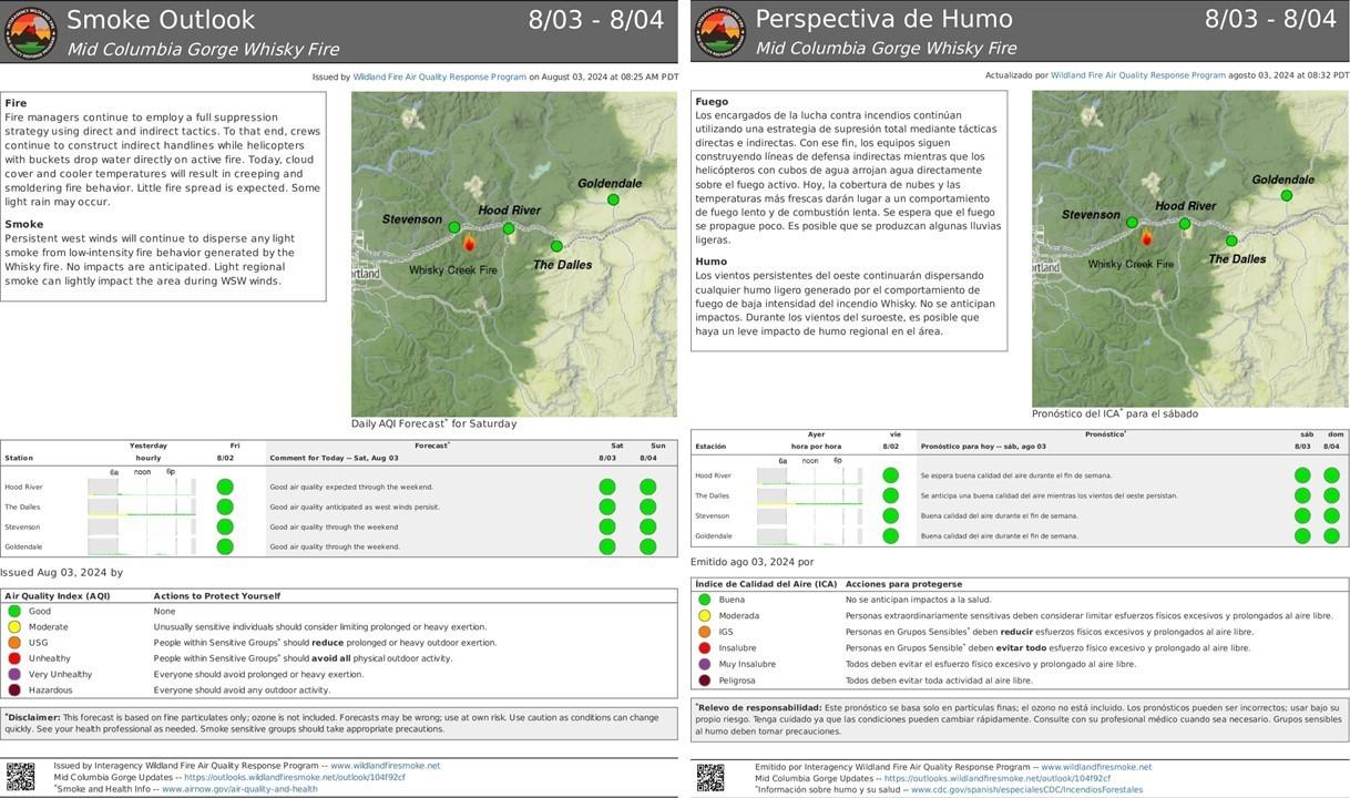 Information on smoke impacts to the local area with English language on the left and Spanish language on the right.