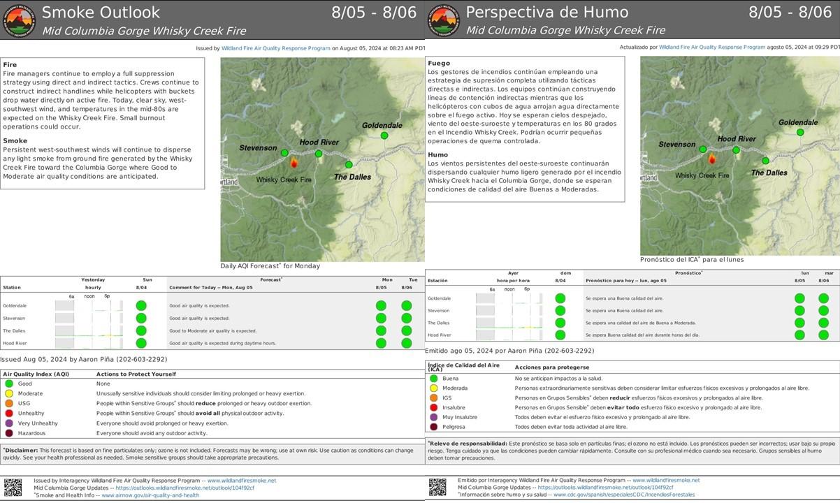 Smoke Report Mid-Columbia Gorge, English and Spanish, August 5, 2024