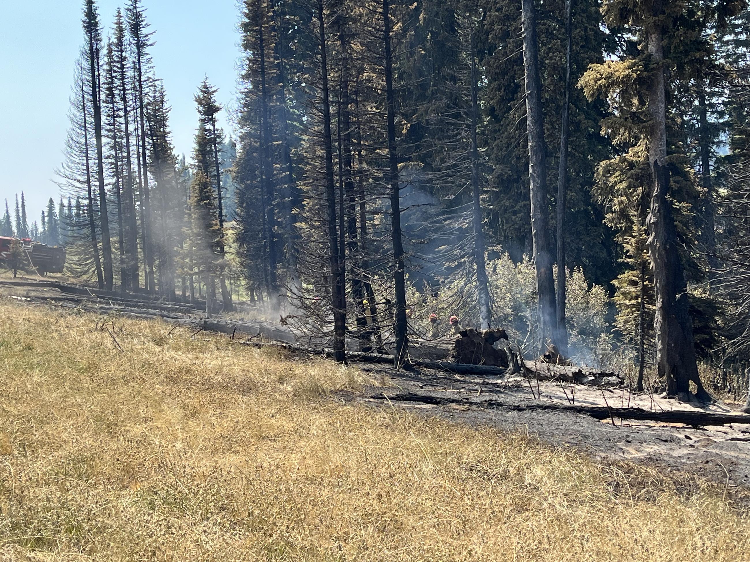 This is an image of the fireline with crews in the background mopping up