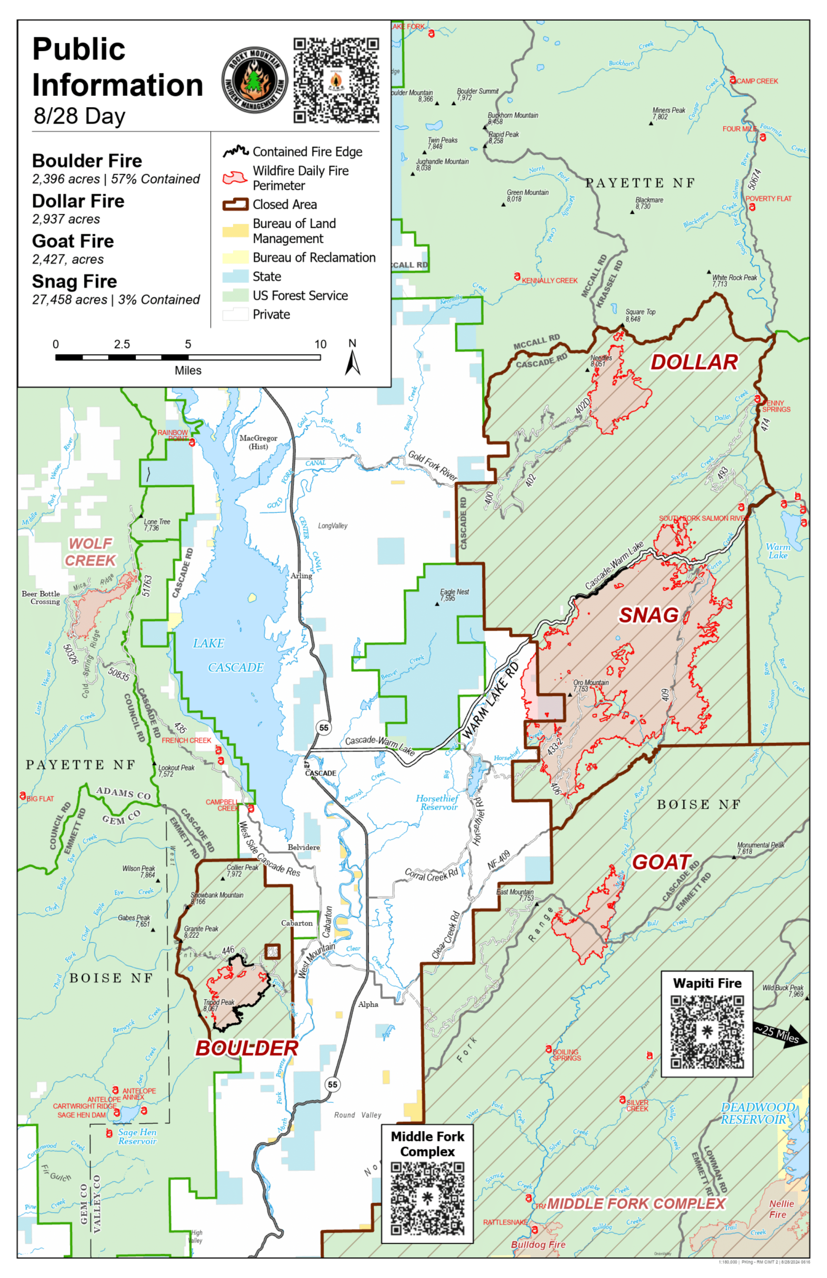 Daily Public Information map showing the Boulder, Goat, Snag and Dollar fire ares