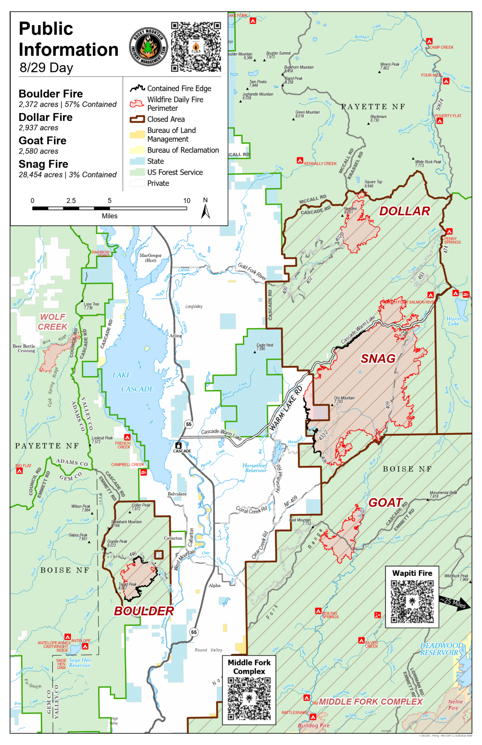 West Mountain Fires Daily Update Map showing the Boulder, Goat, Snag and Dollar Fires