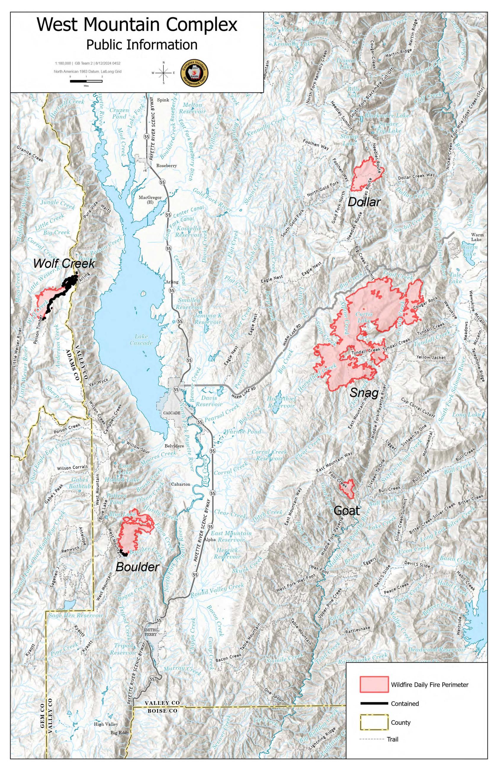 Daily fire update map showing the location, extent, and containment on the fires in the West Mountain Complex (Wolf Creek, Boulder, Dollar, Snag, and Goat fires).