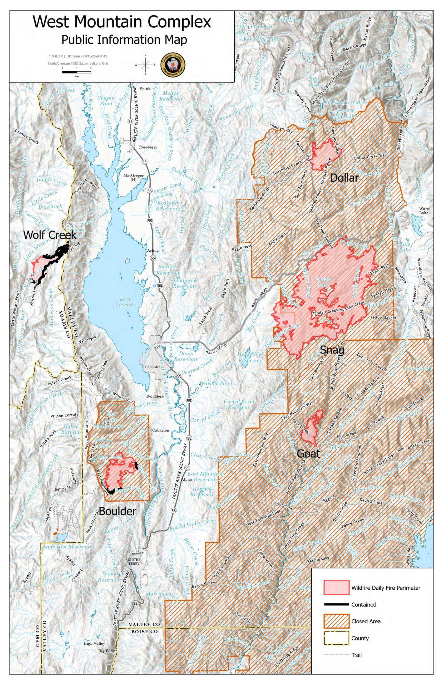 Map shows the locations and extents of all fires on the West Mountain Complex.