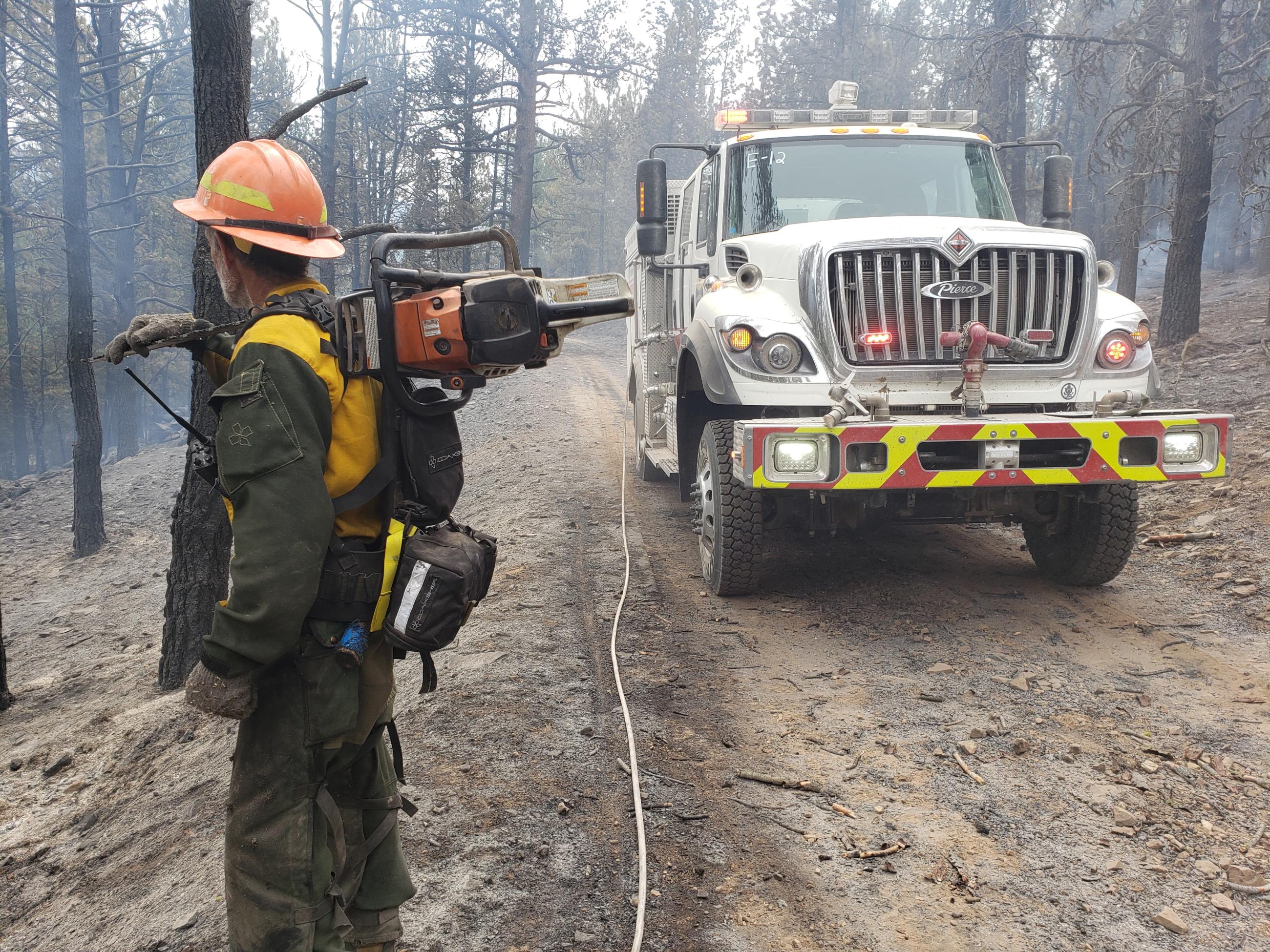 Fallers and engines mopping up on the north side telephone Fire near Buck Butte.