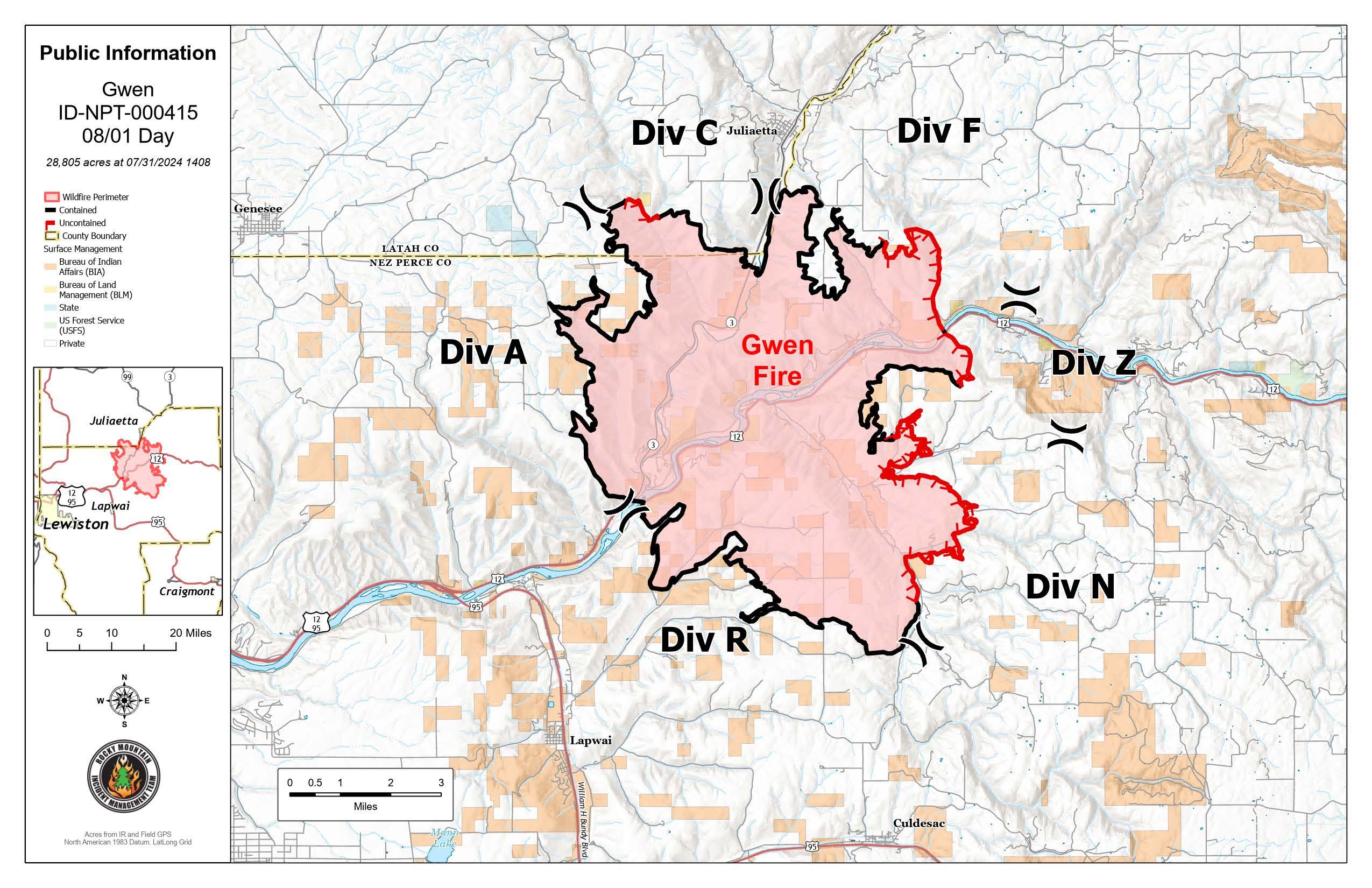 Image of a map showing areas burned on the Gwen Fire, 8/1/2024