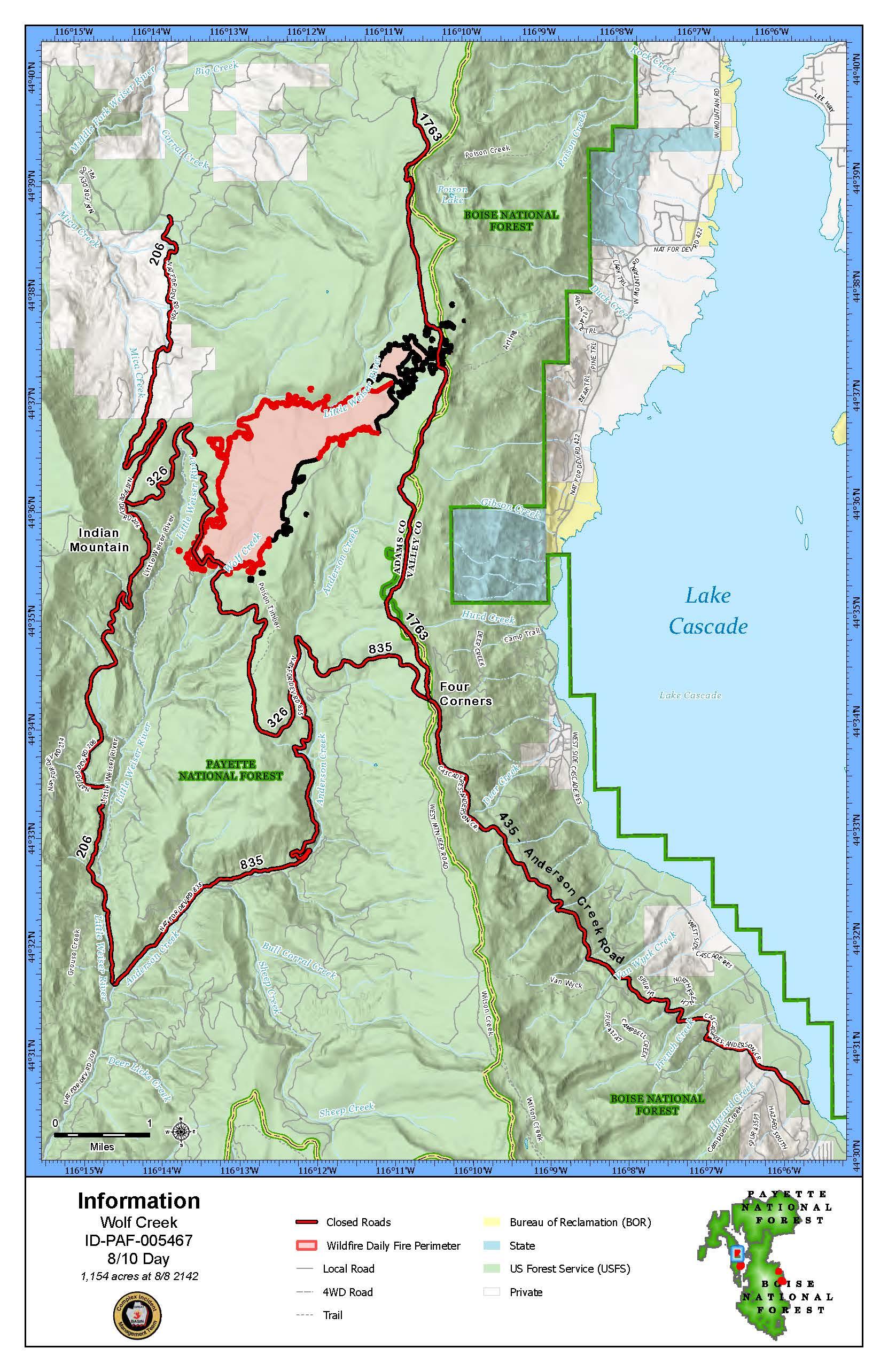 Map displays location and extent of Wolf Creek fire. 
