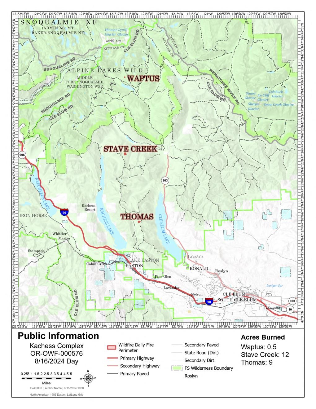This map shows land ownership in shades of white and green, fainter lines for roads and highways, and the Trout and Long Fire perimeters in shades of pink. The outline of the fire perimeters varies from red to black; the black portions represent containment.