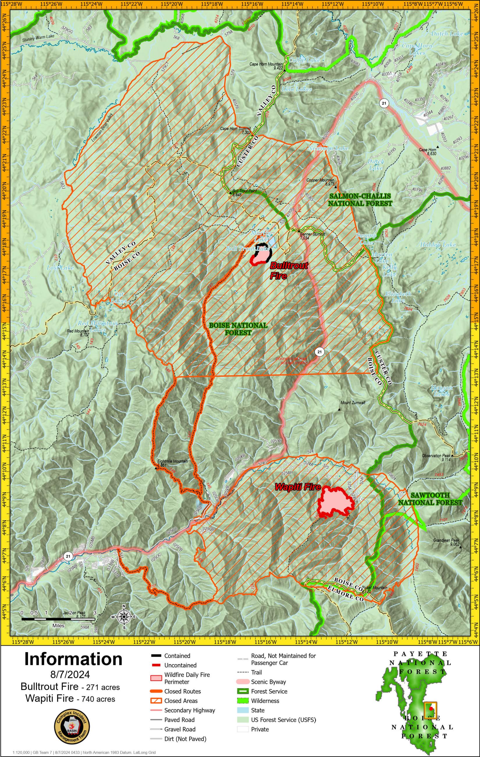 Map displays the location and size of the Wapiti fire.