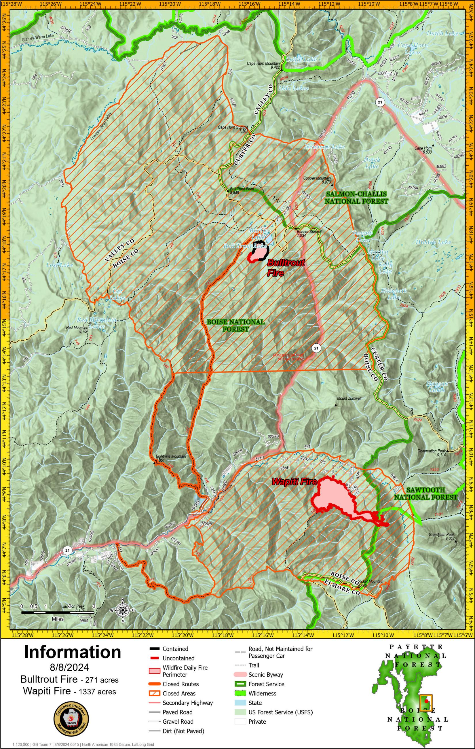 Map displays the location and extent of the Bulltrout and Wapiti fires.