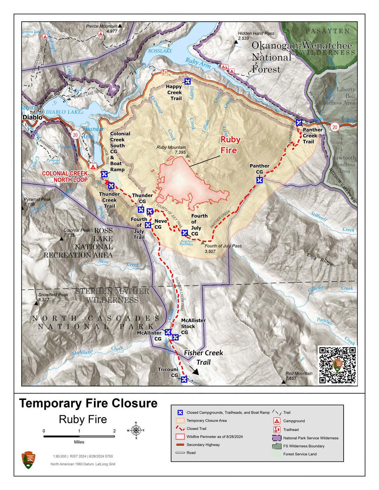 Topo map showing closures related to a high elevation wilderness fire on Ruby Mountain in North Cascades National Park