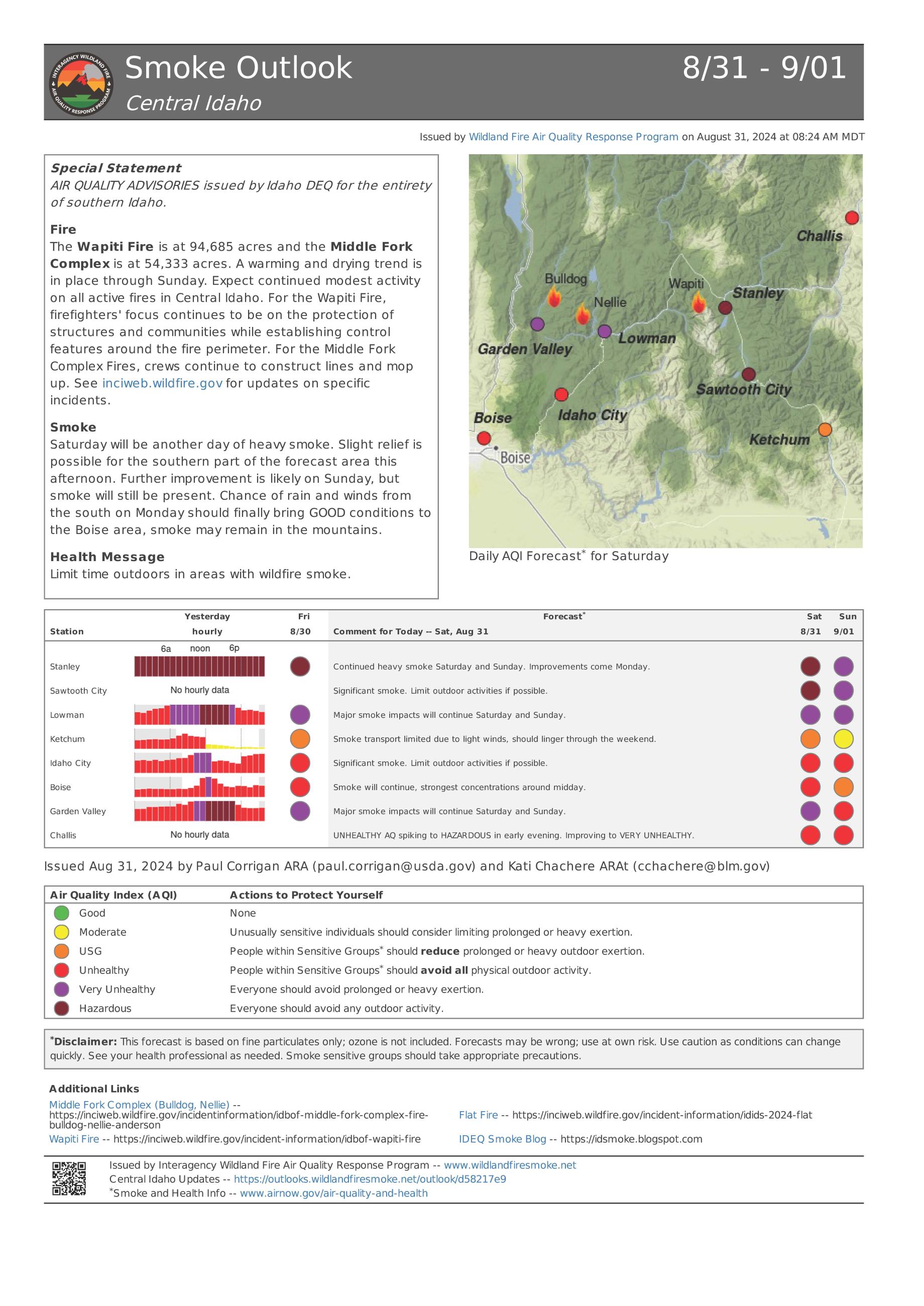 Smoke Outlook for Saturday, August 31, 2024 for the Middle Fork Complex Fire 