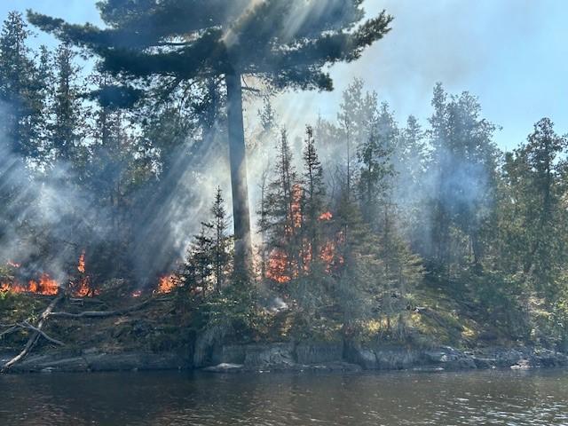 Image of orange flame from a wildfire burning in a forest by a lake 