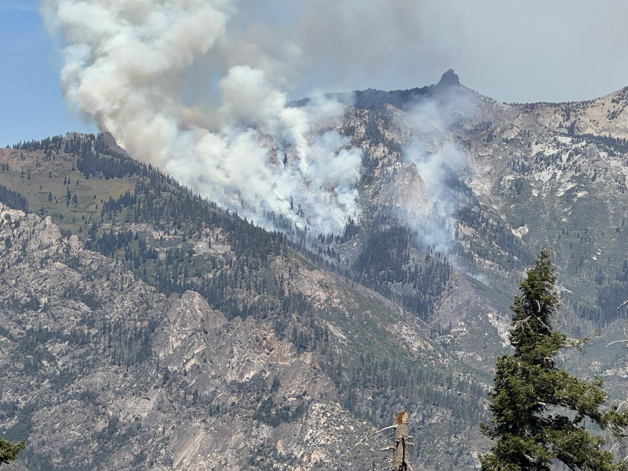 Smoke plume visible above the Hume Lake Ranger District burning on a rocky ridge within the Monarch Wilderness .