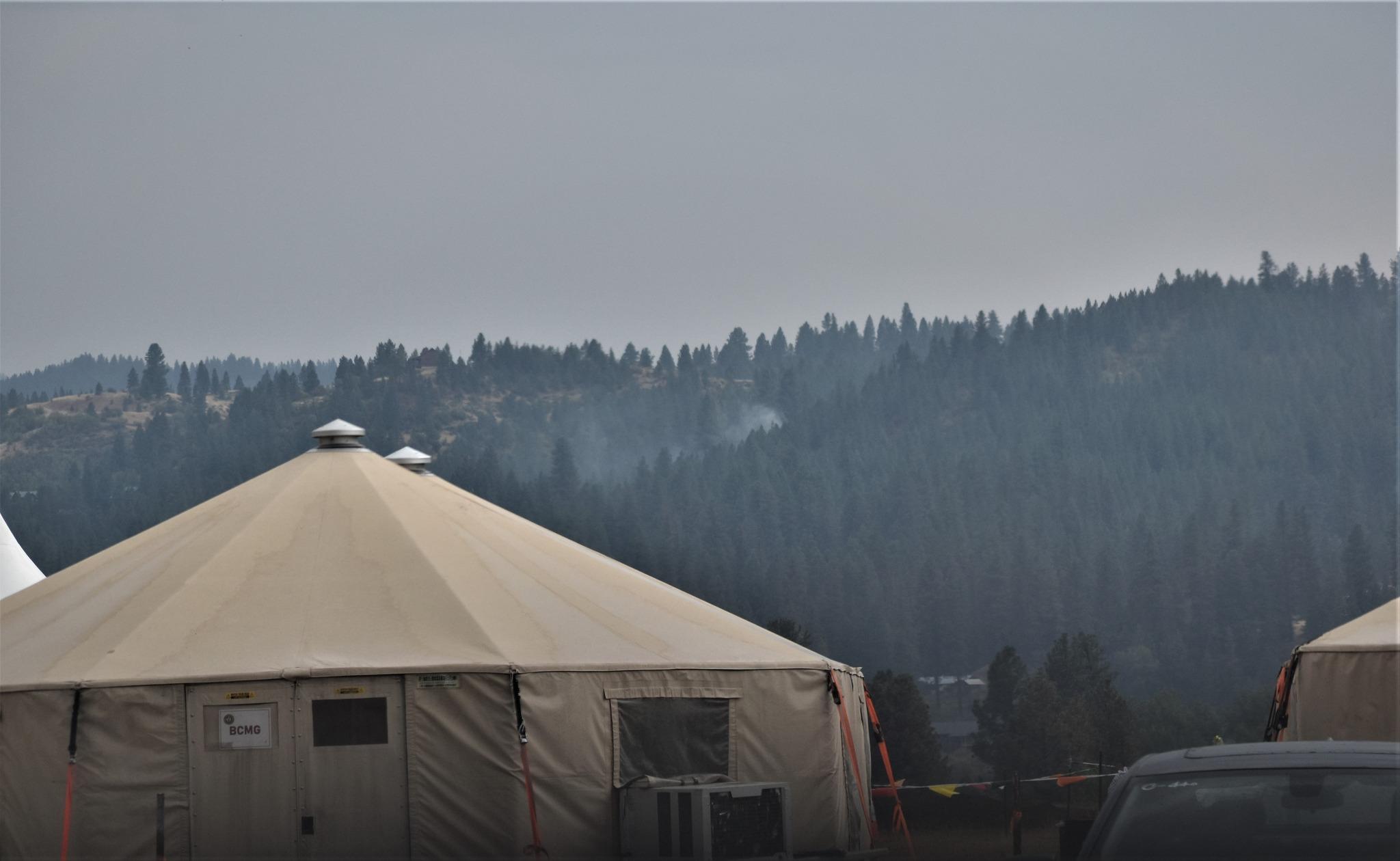 smoke is visible above the treetops